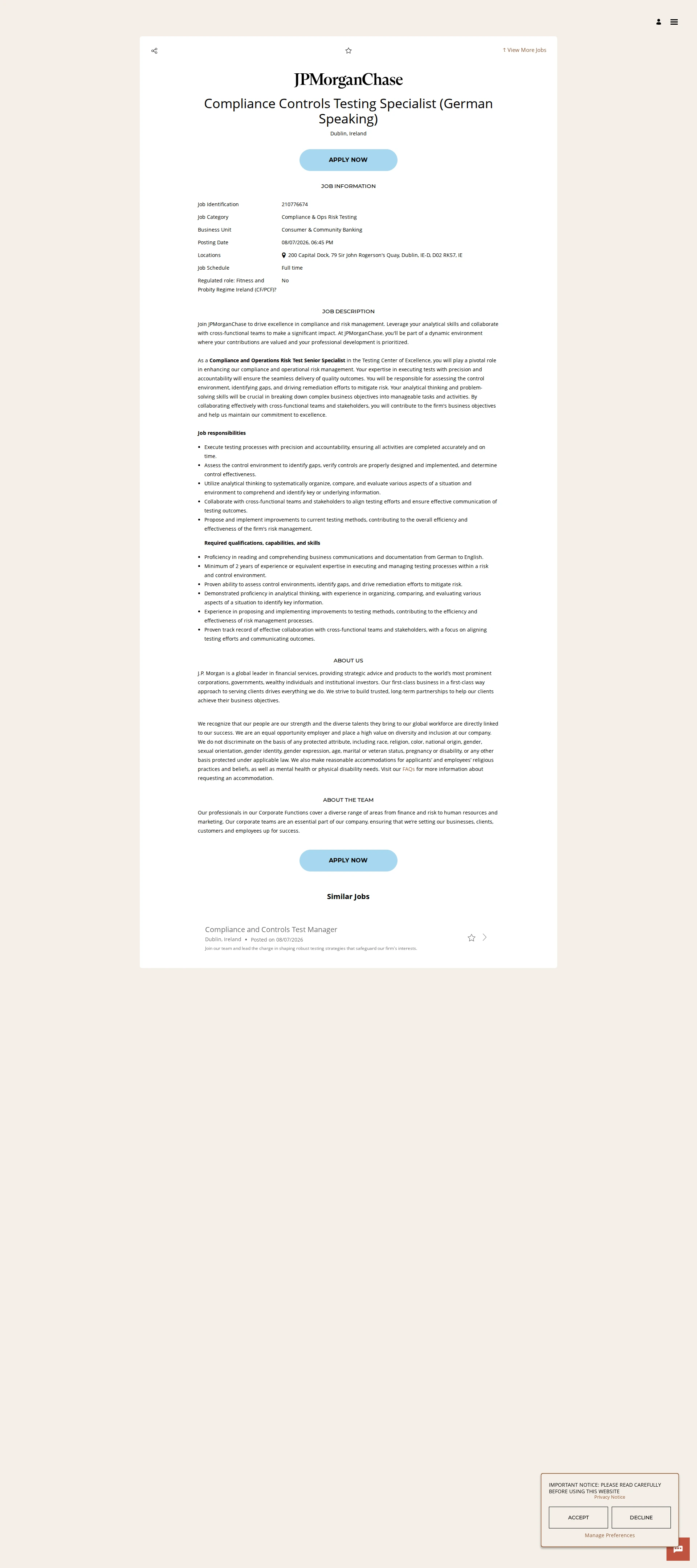 JPMorganChase Compliance  Controls Testing Specialist (German Speaking) 채용공고