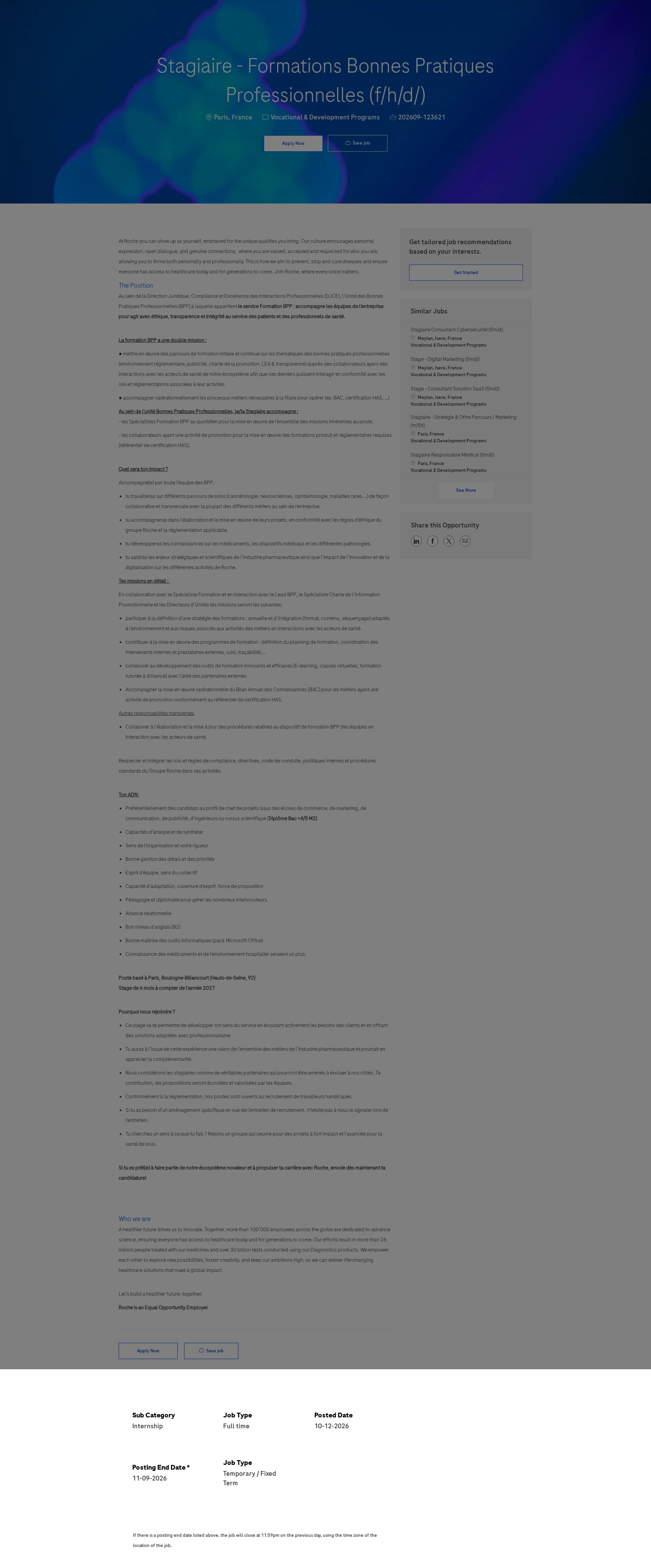 로슈 Stagiaire  - Formations Bonnes Pratiques Professionnelles (f/h/d/) 채용공고