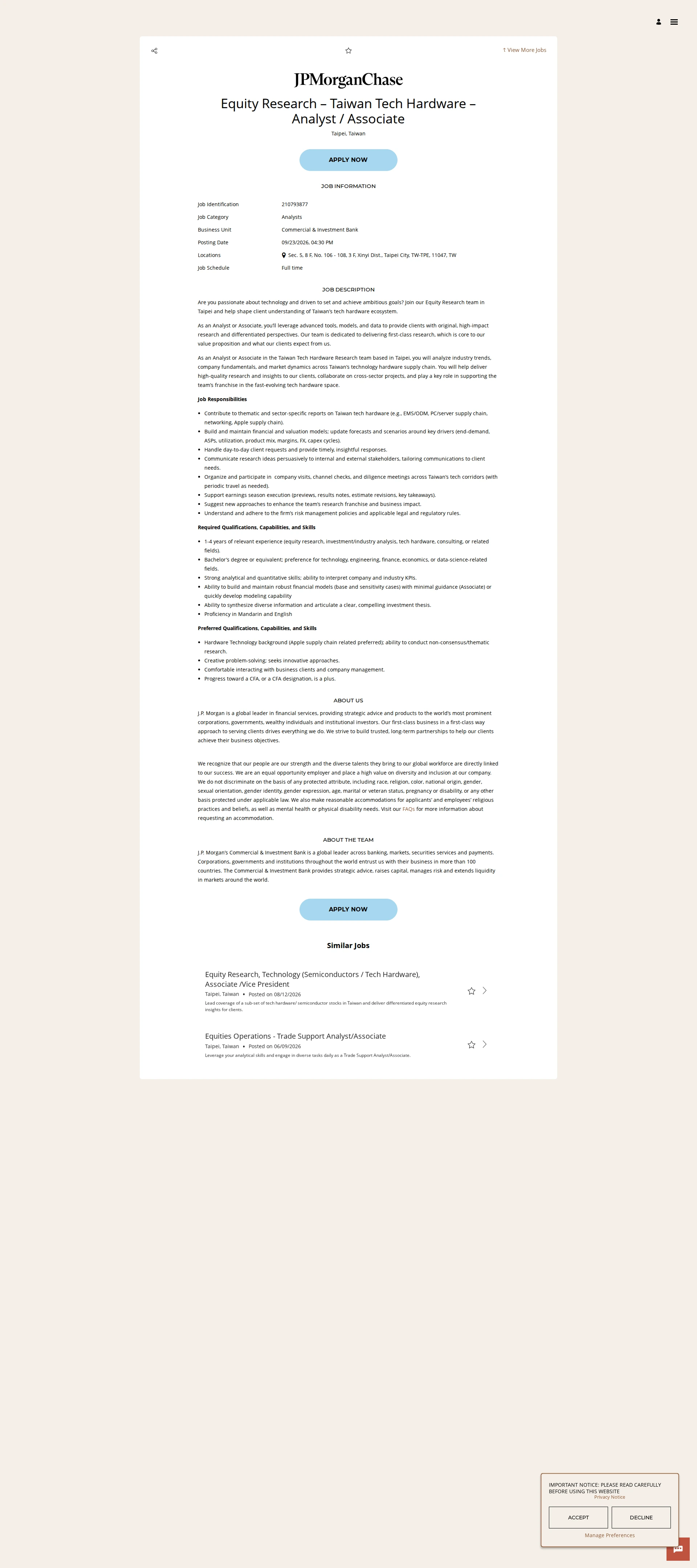 JPMorganChase Equity Research – Taiwan Tech Hardware – Analyst / Associate 채용공고