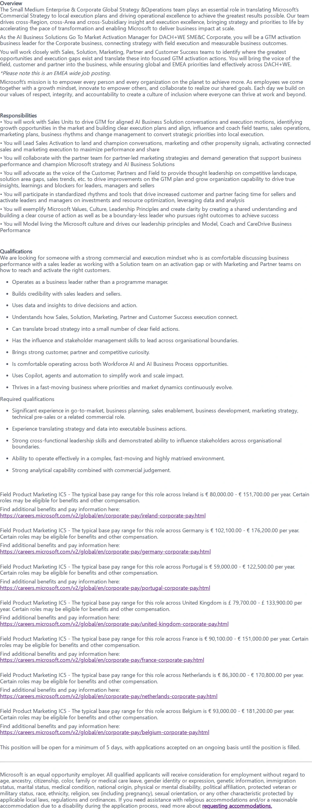 마이크로소프트(Microsoft) GTM Activation Manager - AI Business Solutions - DACH & Western Europe 채용공고