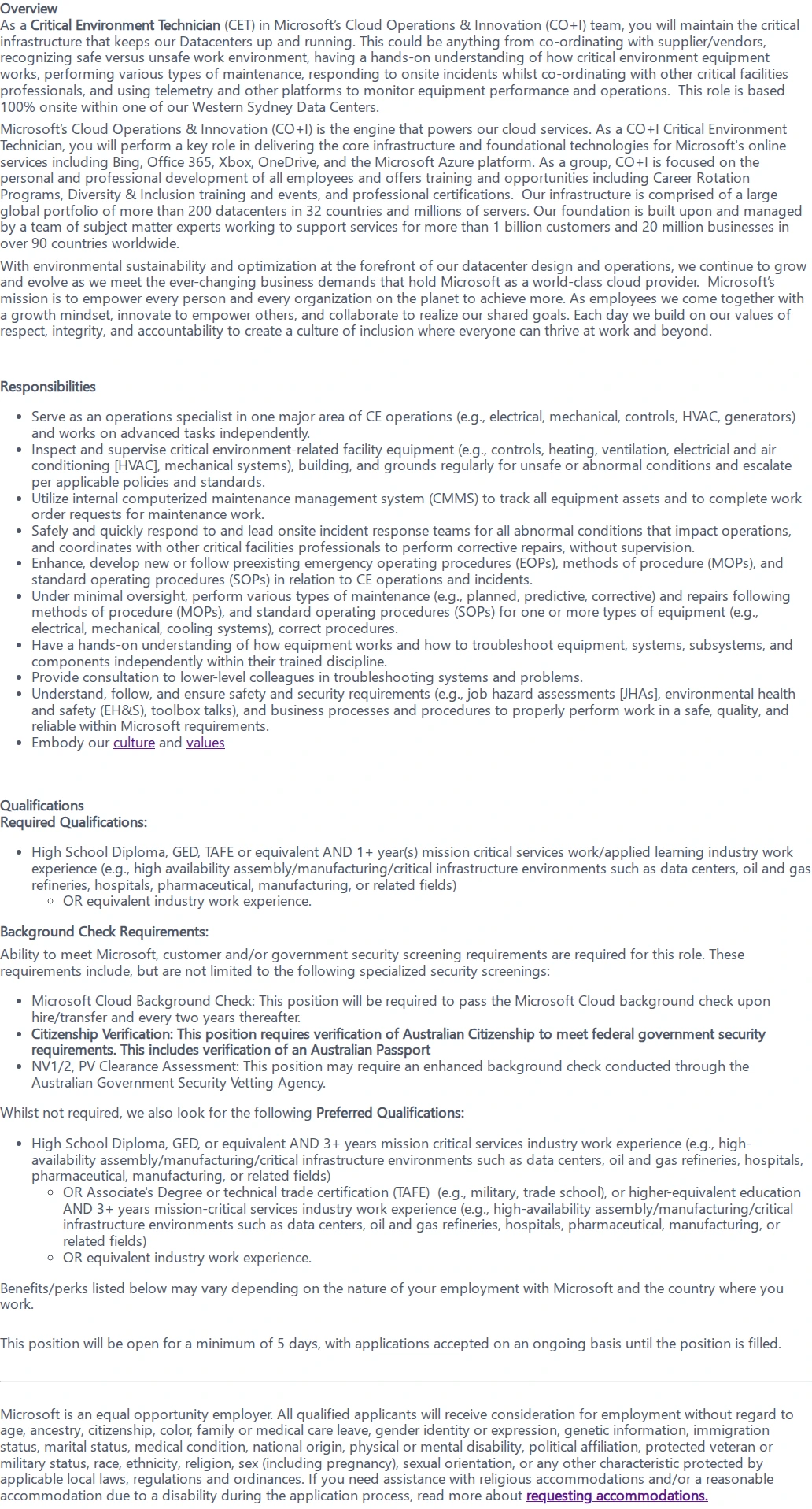 마이크로소프트(Microsoft) Critical Environment Technician 채용공고