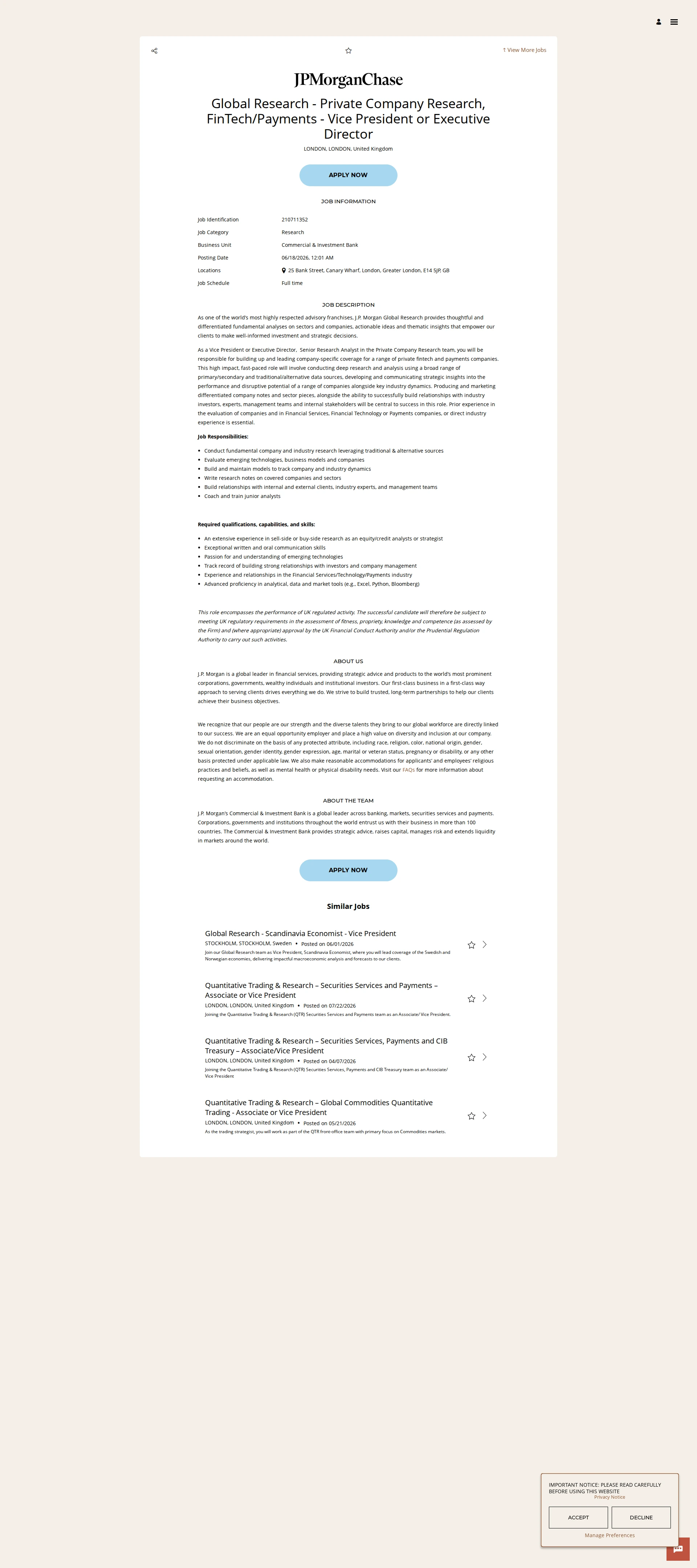 JPMorganChase Global Research - Private Company Research, FinTech/Payments - Vice President or Executive Director 채용공고