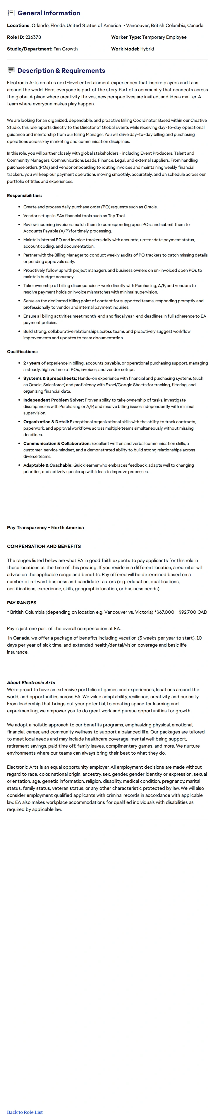 ElectronicArts Billing Coordinator, 6-Month Temp Role 채용공고