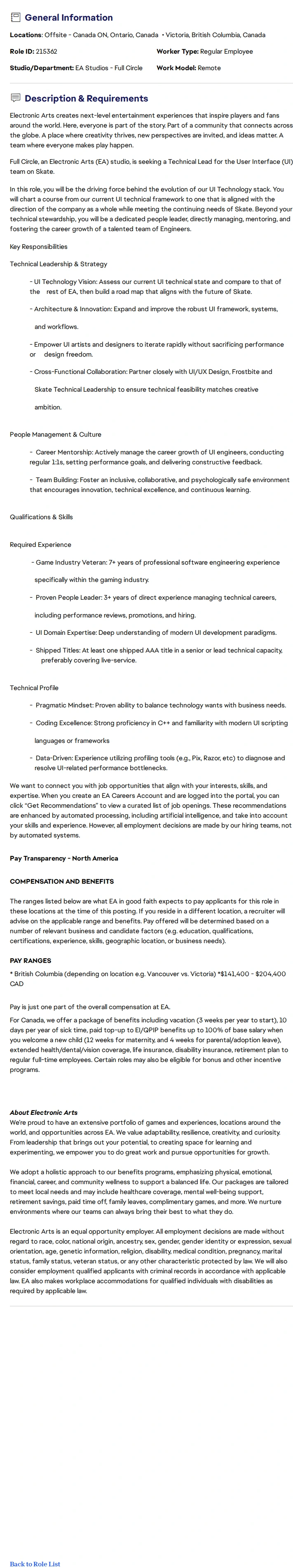 ElectronicArts Senior Software Engineer I - UI Lead 채용공고