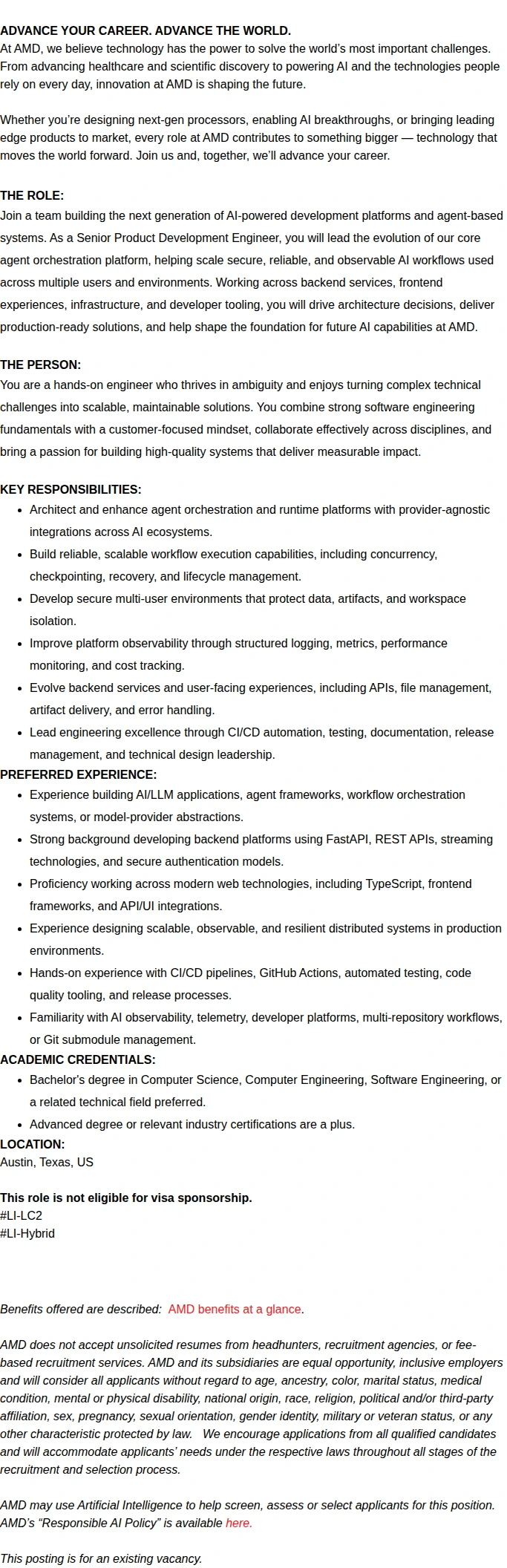 AMD Sr. Product Development Engineer 채용공고