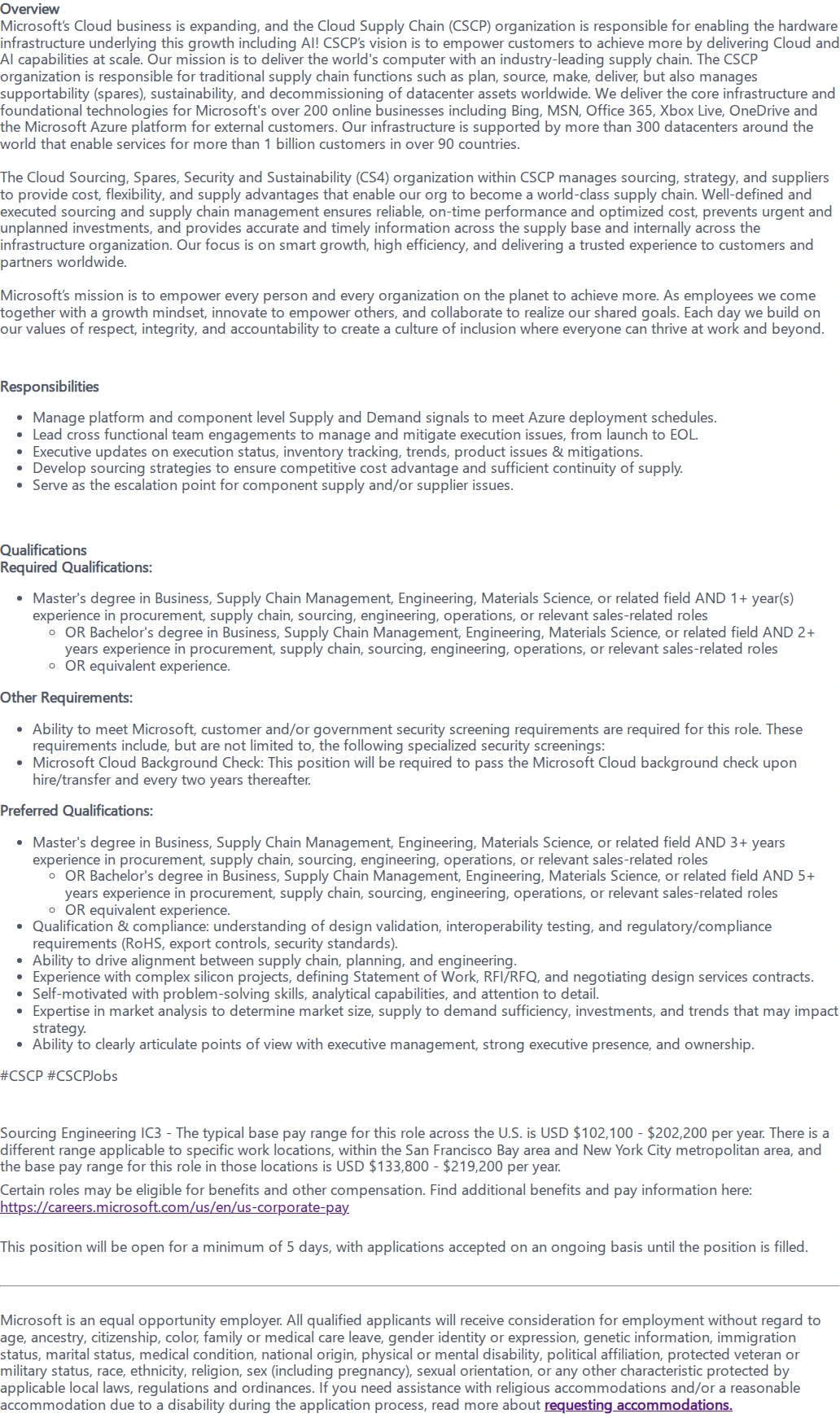 마이크로소프트(Microsoft) Compute Supply Chain Manager 채용공고