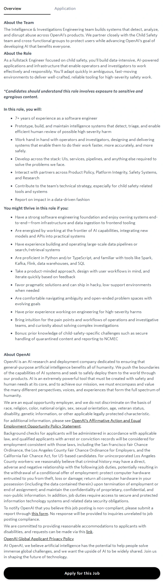 오픈에이아이(OpenAI) Full-Stack Software Engineer, Child Safety Tools & Systems (London) 채용공고