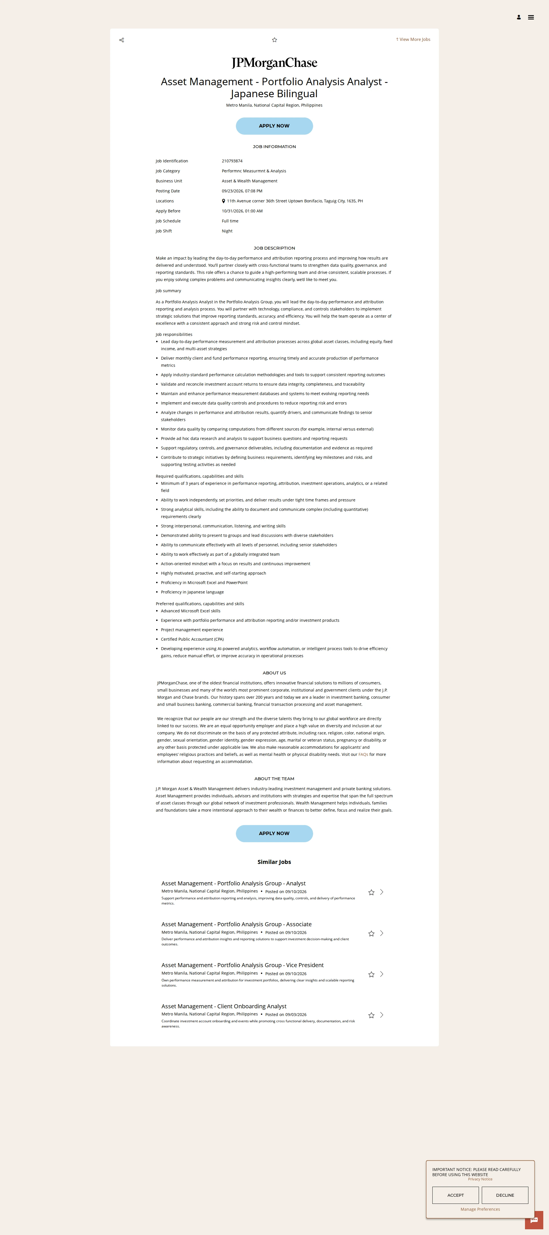 JPMorganChase Asset Management - Portfolio Analysis Analyst - Japanese Bilingual 채용공고