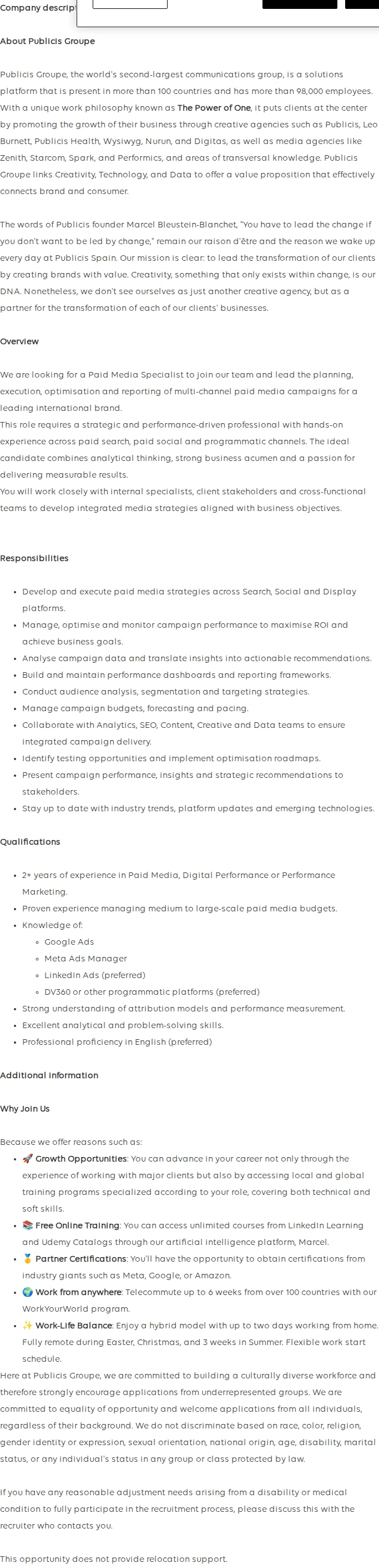 Publicis Groupe Paid Media Specialist 채용공고