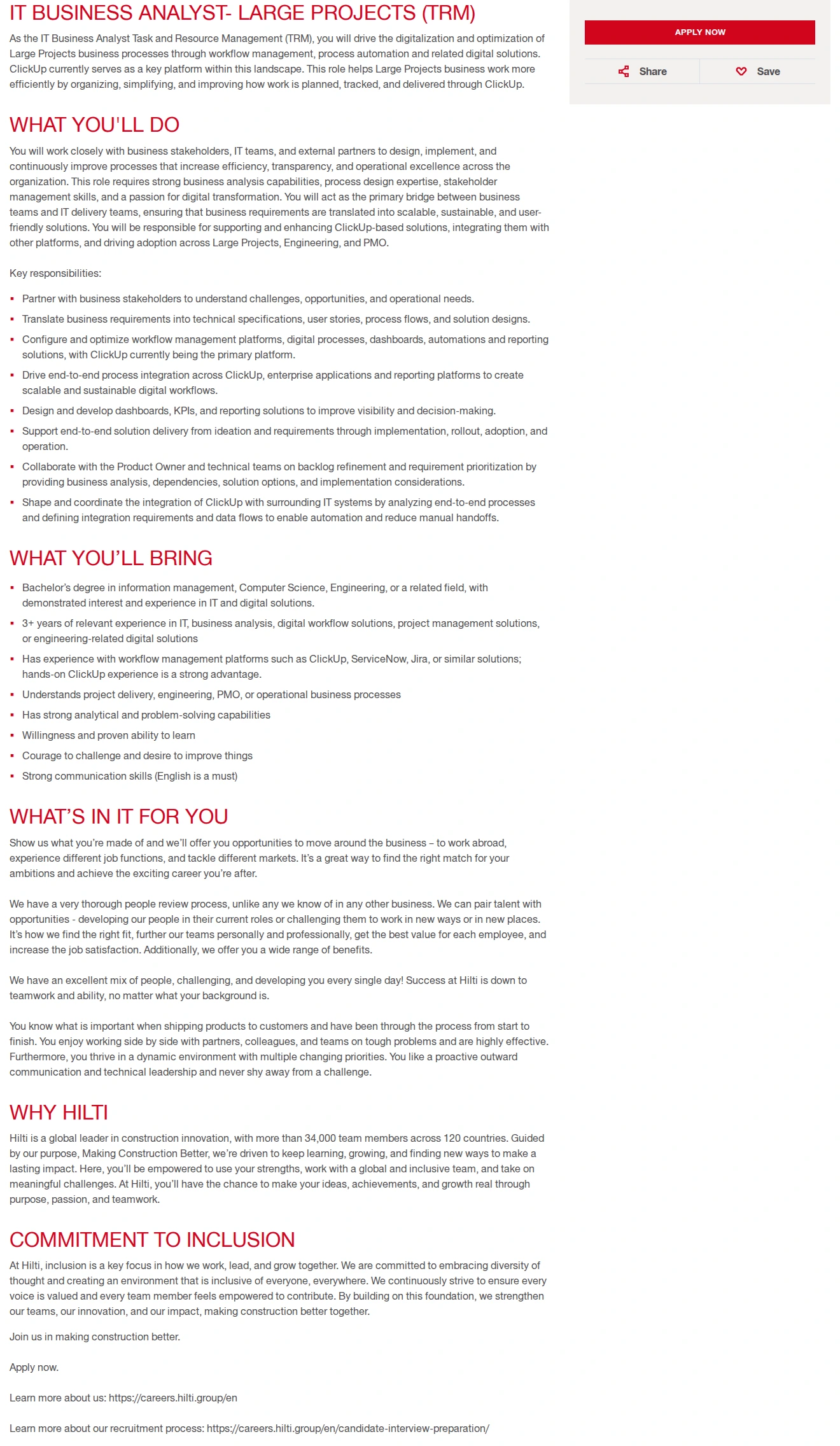 힐티 IT Business Analyst- Large Projects (TRM) 채용공고