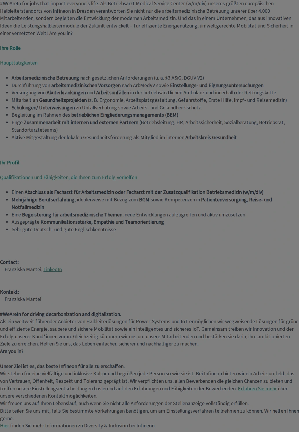인피니언 Facharzt für Arbeitsmedizin (w/m/div) oder Facharzt mit Zusatzbezeichnung Betriebsmedizin (w/m/div) 채용공고