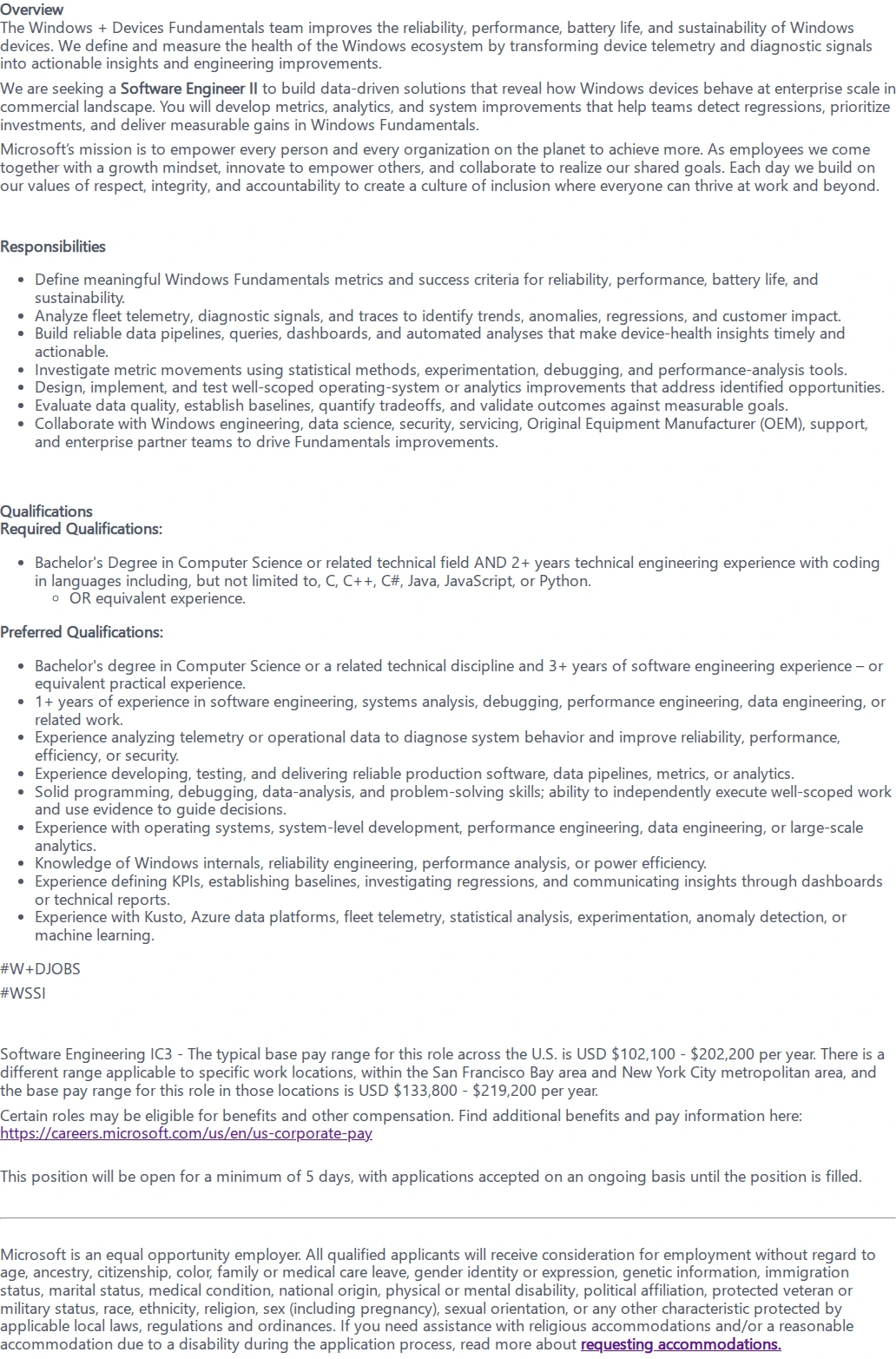 마이크로소프트(Microsoft) Software Engineer II - Fundamentals 채용공고