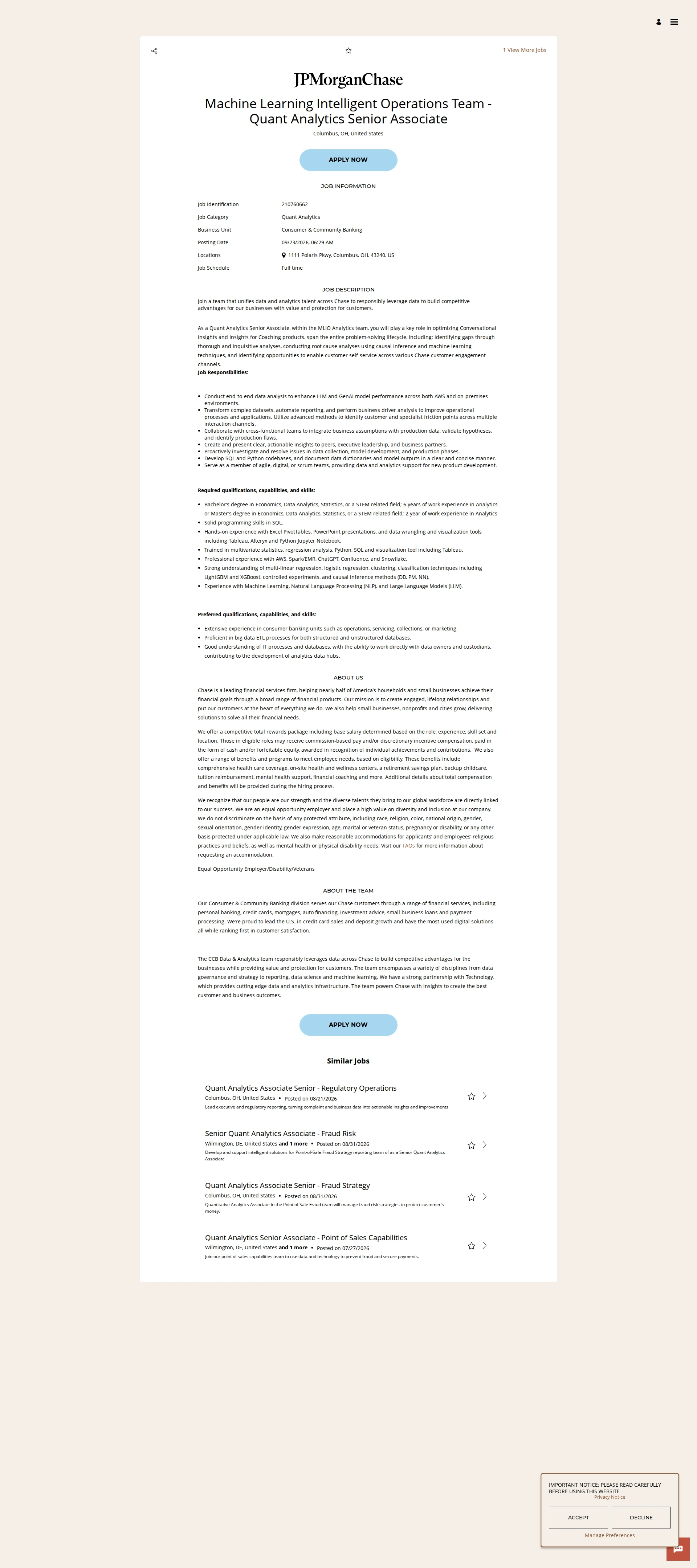 JPMorganChase Machine Learning Intelligent Operations Team - Quant Analytics Senior Associate 채용공고