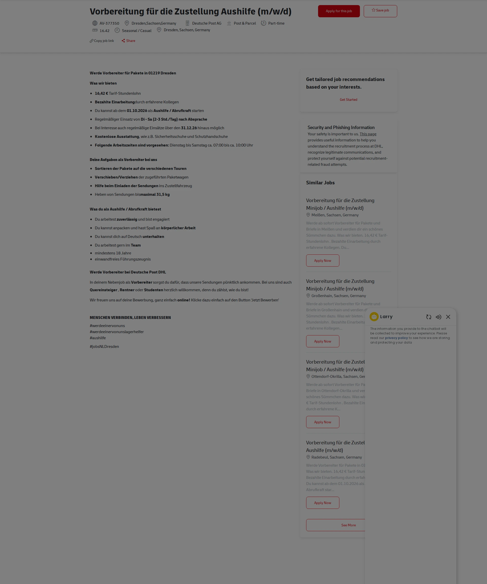 DHL Vorbereitung für die Zustellung Aushilfe (m/w/d) 채용공고