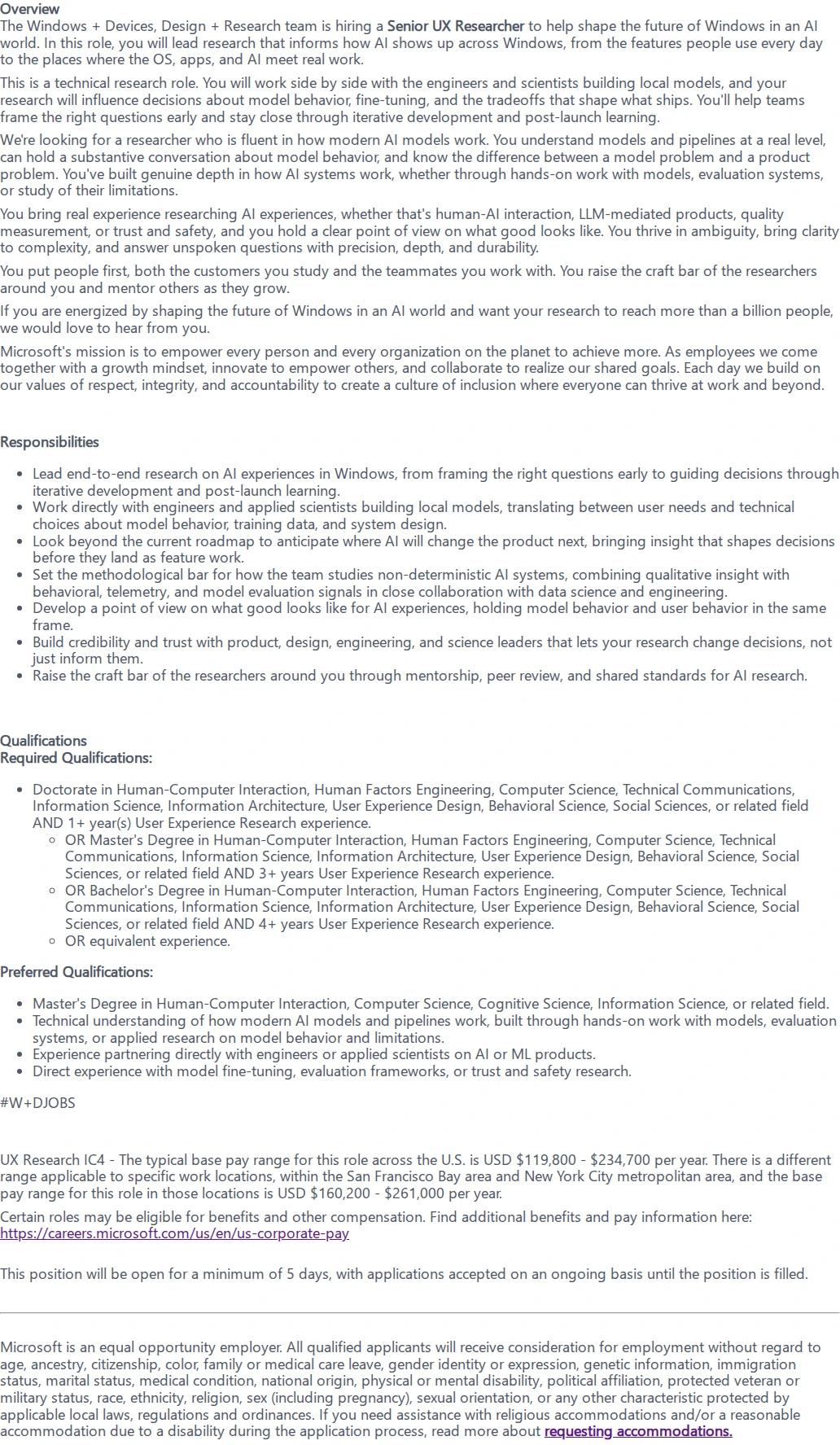 마이크로소프트(Microsoft) Senior UX Researcher 채용공고
