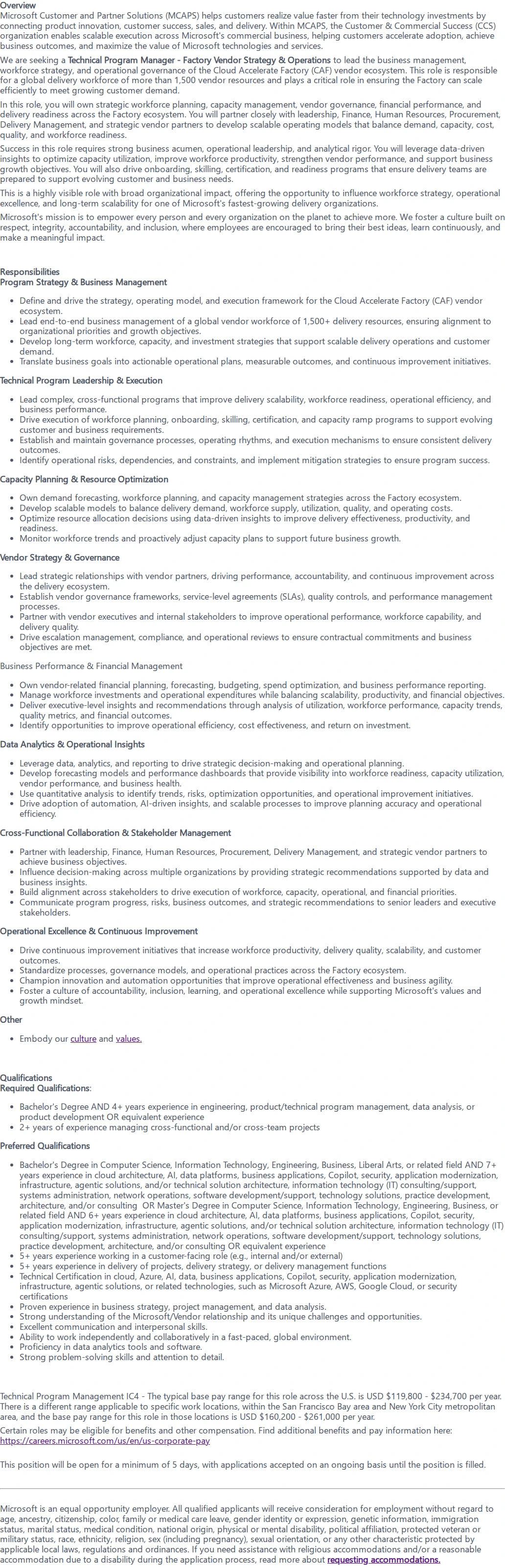 마이크로소프트(Microsoft) Technical Program Manager - Factory Vendor Strategy & Operations 채용공고