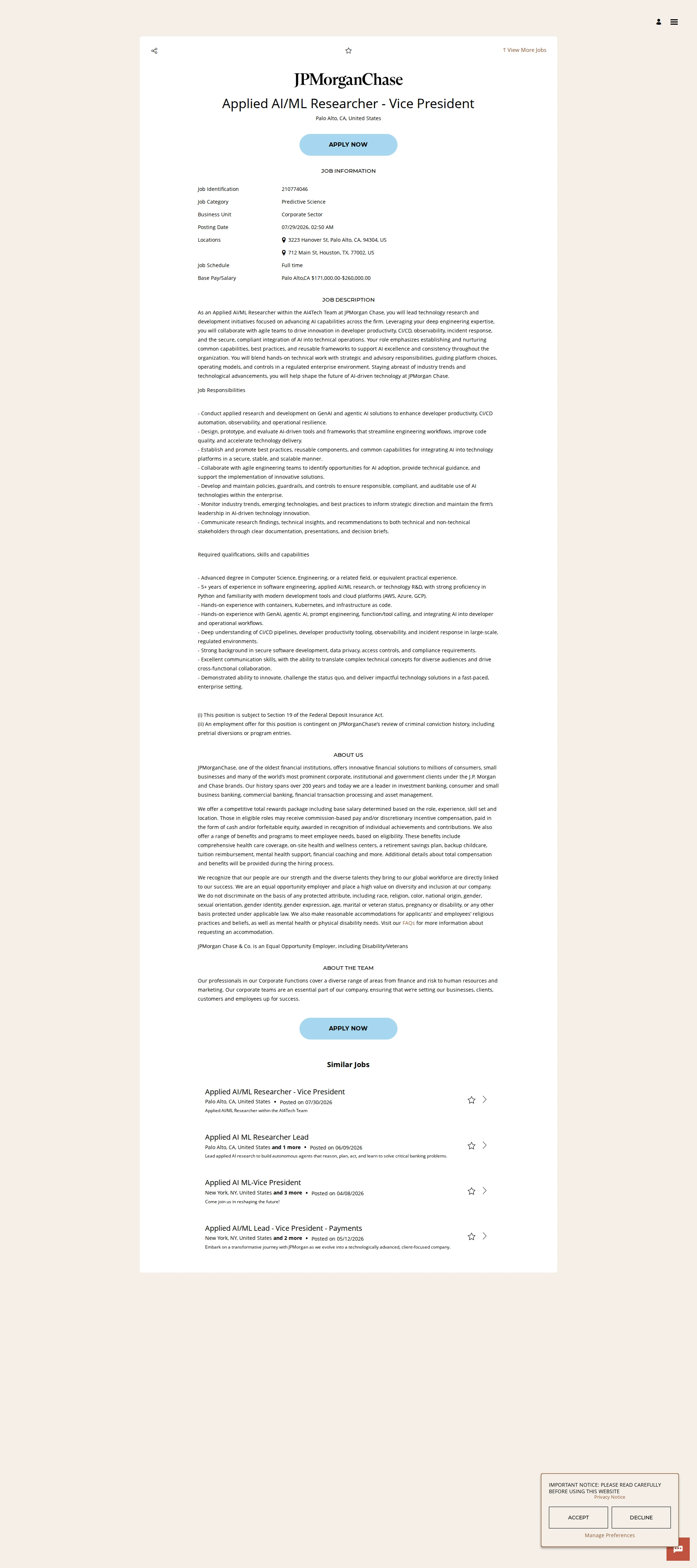 JPMorganChase Applied AI/ML Researcher - Vice President 채용공고