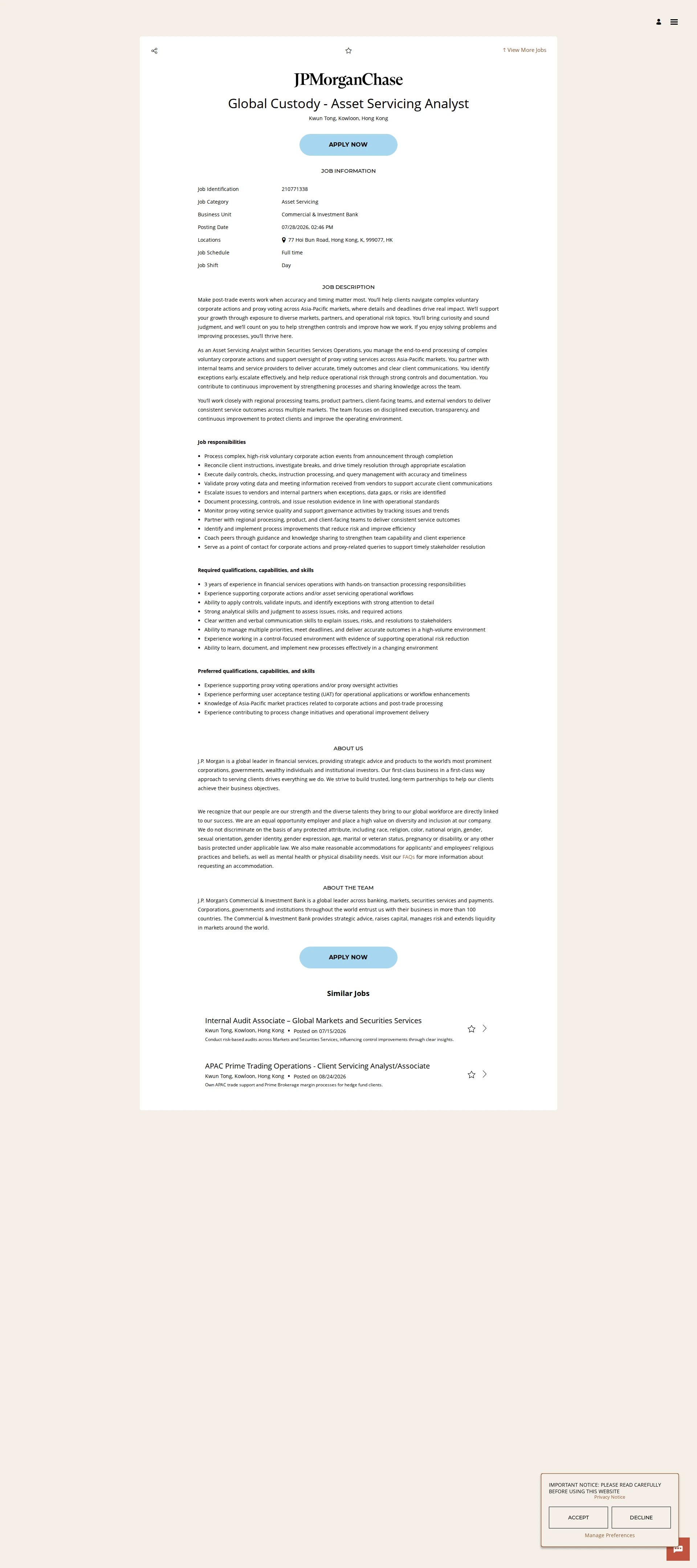JPMorganChase Global Custody - Asset Servicing Analyst 채용공고