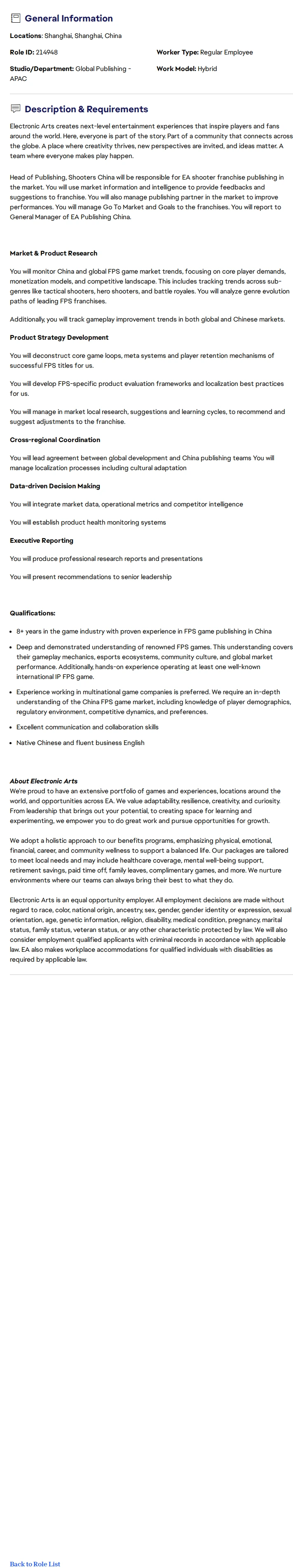 ElectronicArts Head of Publishing, Shooters China 채용공고