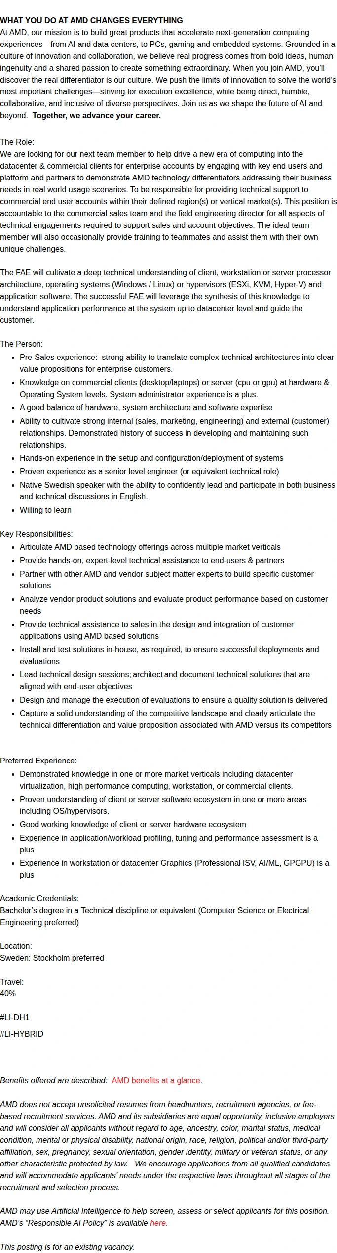 AMD FAE/ Field Support Manager - Stockholm 채용공고
