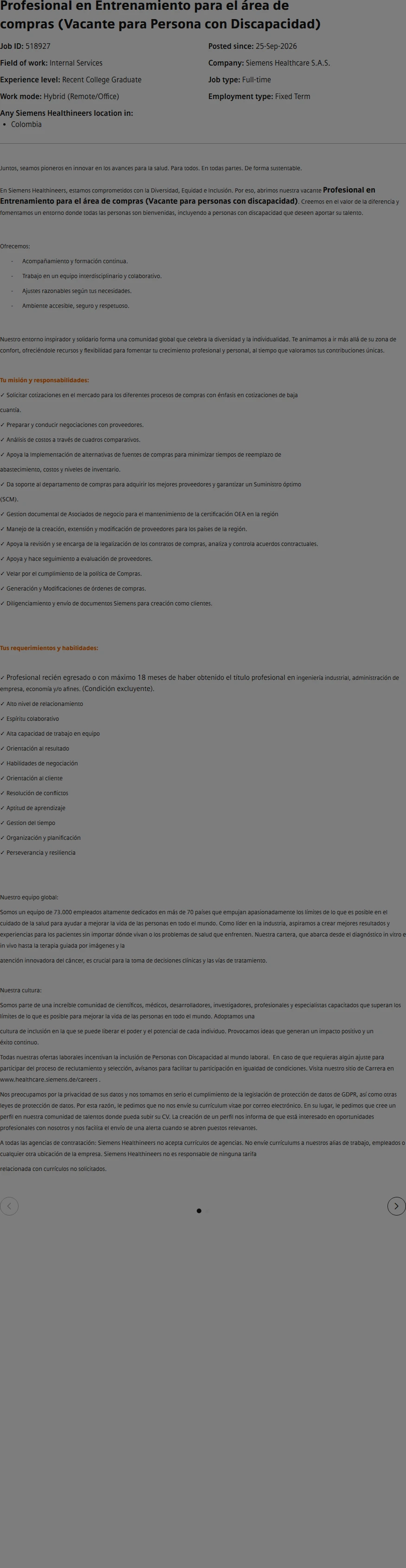 SiemensHealthineers Profesional en Entrenamiento para el área de compras (Vacante para Persona con Discapacidad) 채용공고