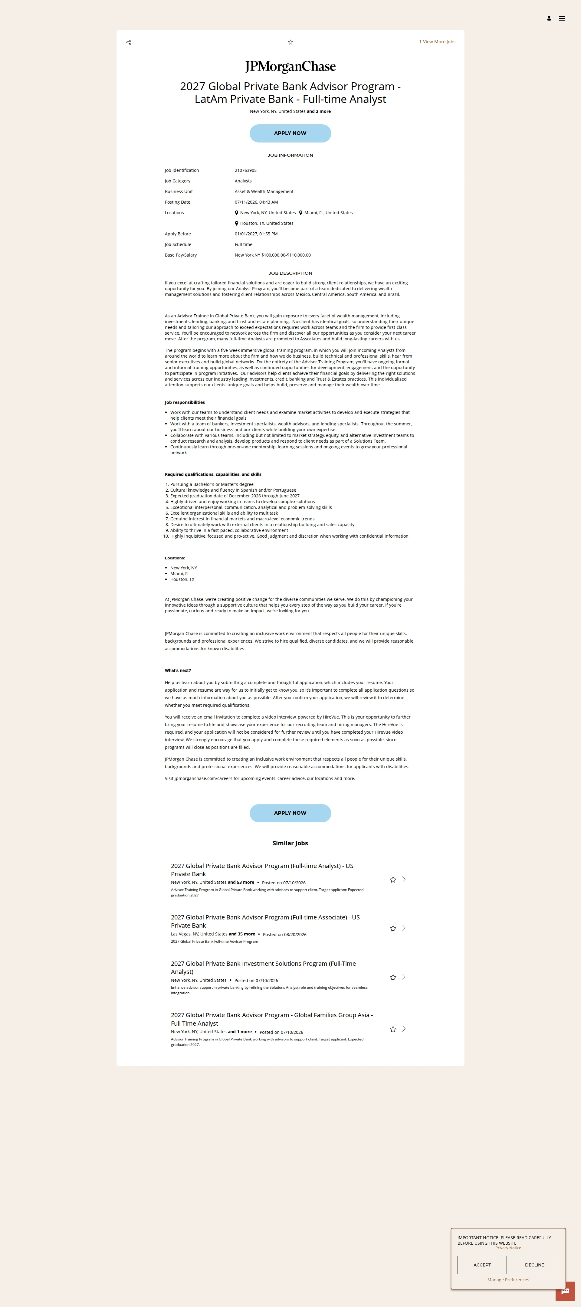JPMorganChase 2027 Global Private Bank Advisor Program - LatAm Private Bank - Full-time Analyst 채용공고