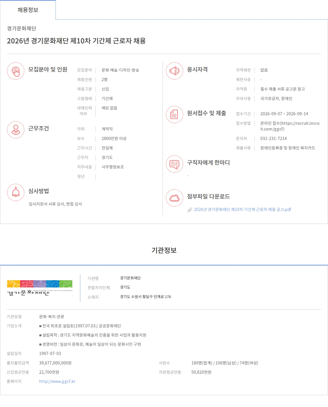 경기문화재단 2026년 경기문화재단 제10차 기간제 근로자 채용 채용공고