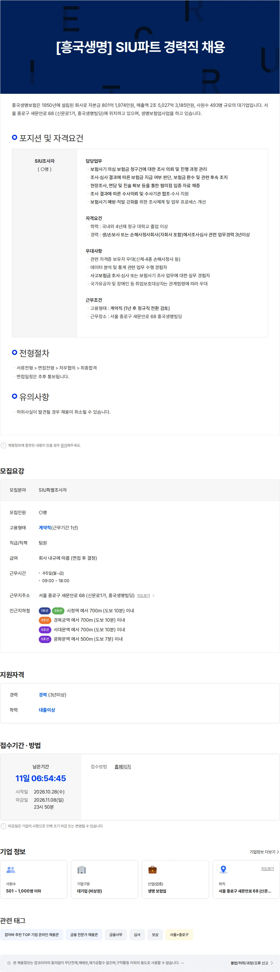 흥국생명보험 [흥국생명] SIU파트 경력직 채용 채용공고