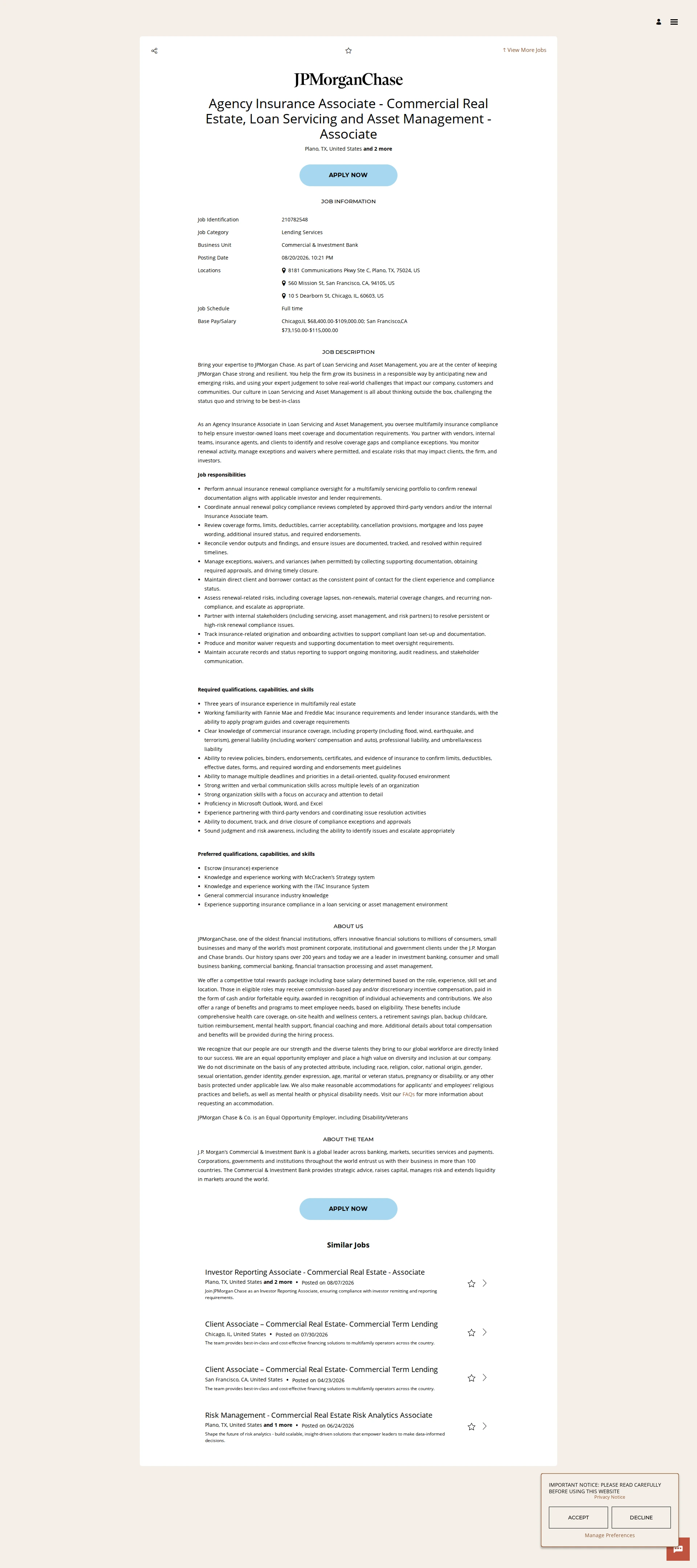 JPMorganChase Agency Insurance Associate - Commercial Real Estate, Loan Servicing and Asset Management - Associate 채용공고
