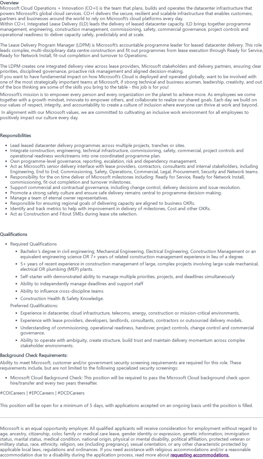 마이크로소프트(Microsoft) Lease Delivery Program Manager 채용공고