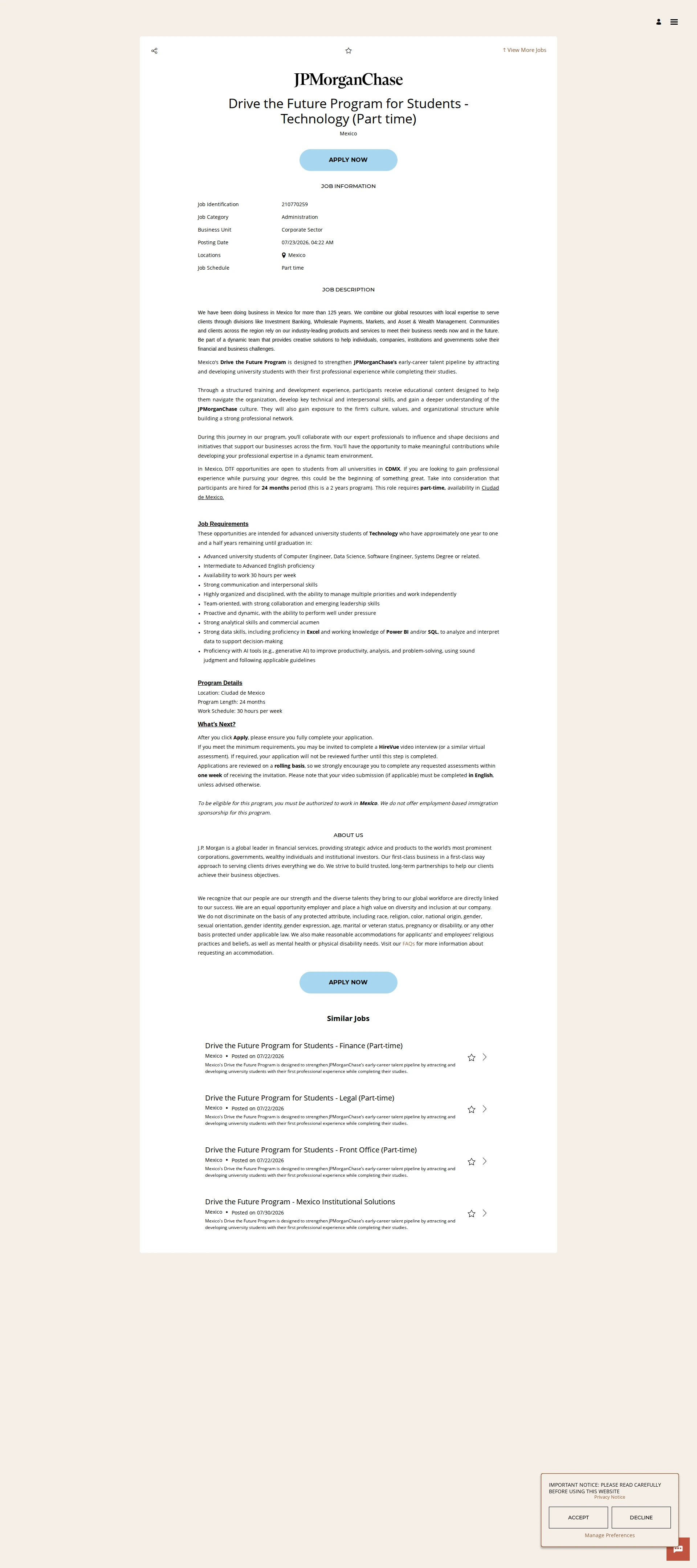 JPMorganChase Drive the Future Program for Students - Technology (Part time) 채용공고