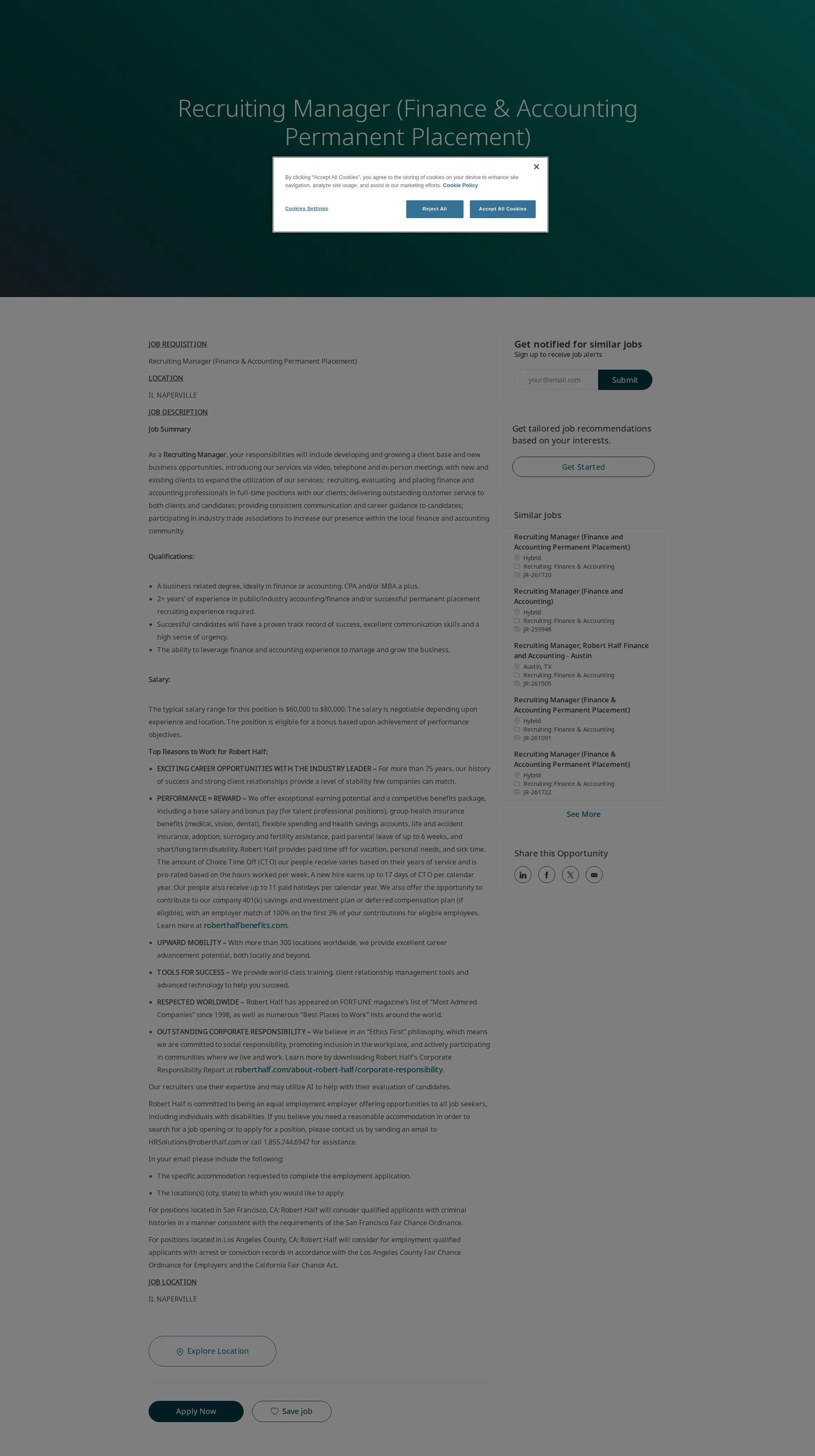 Robert Half Recruiting Manager (Finance & Accounting Permanent Placement) 채용공고