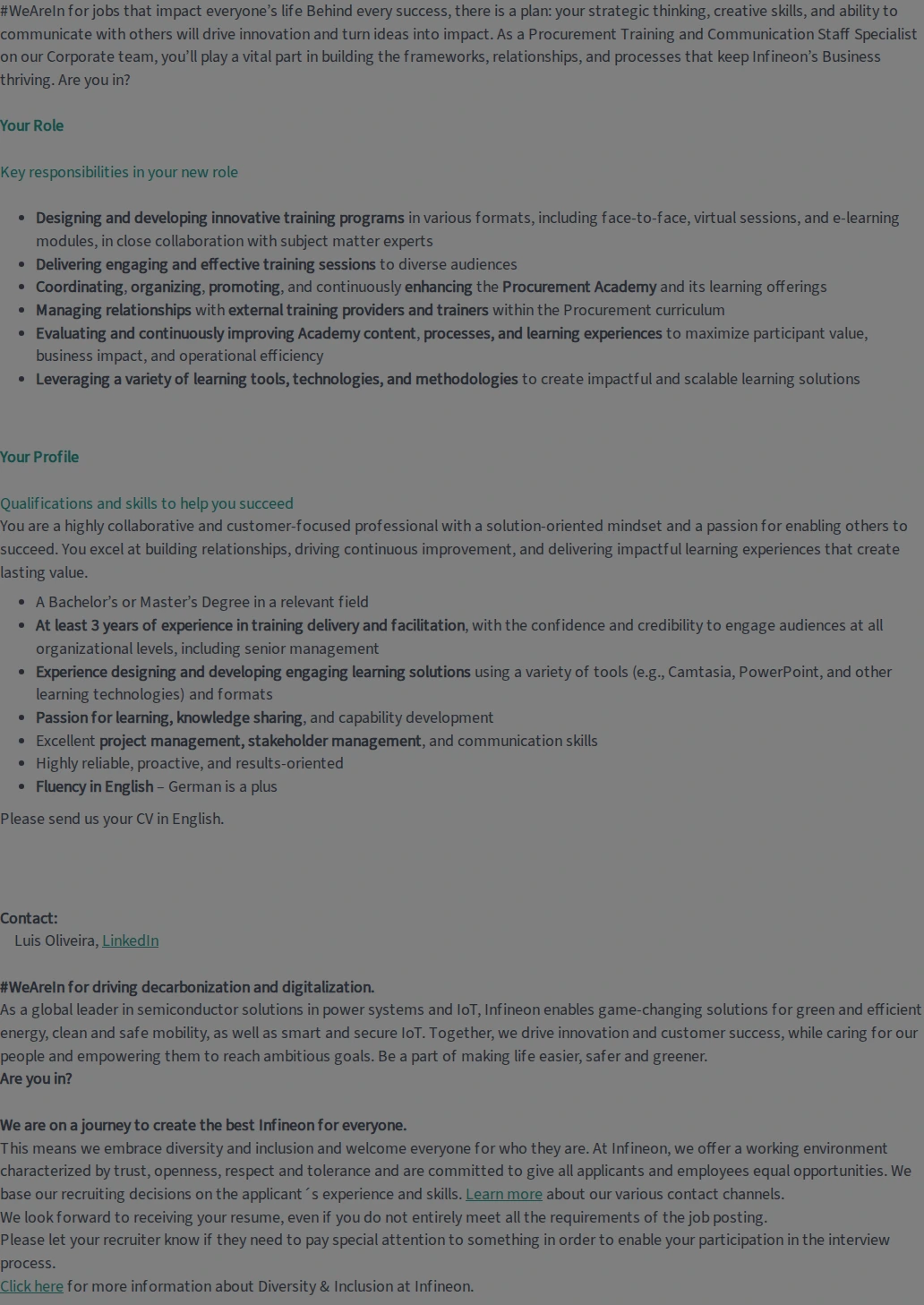 인피니언테크놀로지스코리아 Procurement Training and Communication Staff Specialist (f/m/div) 채용공고