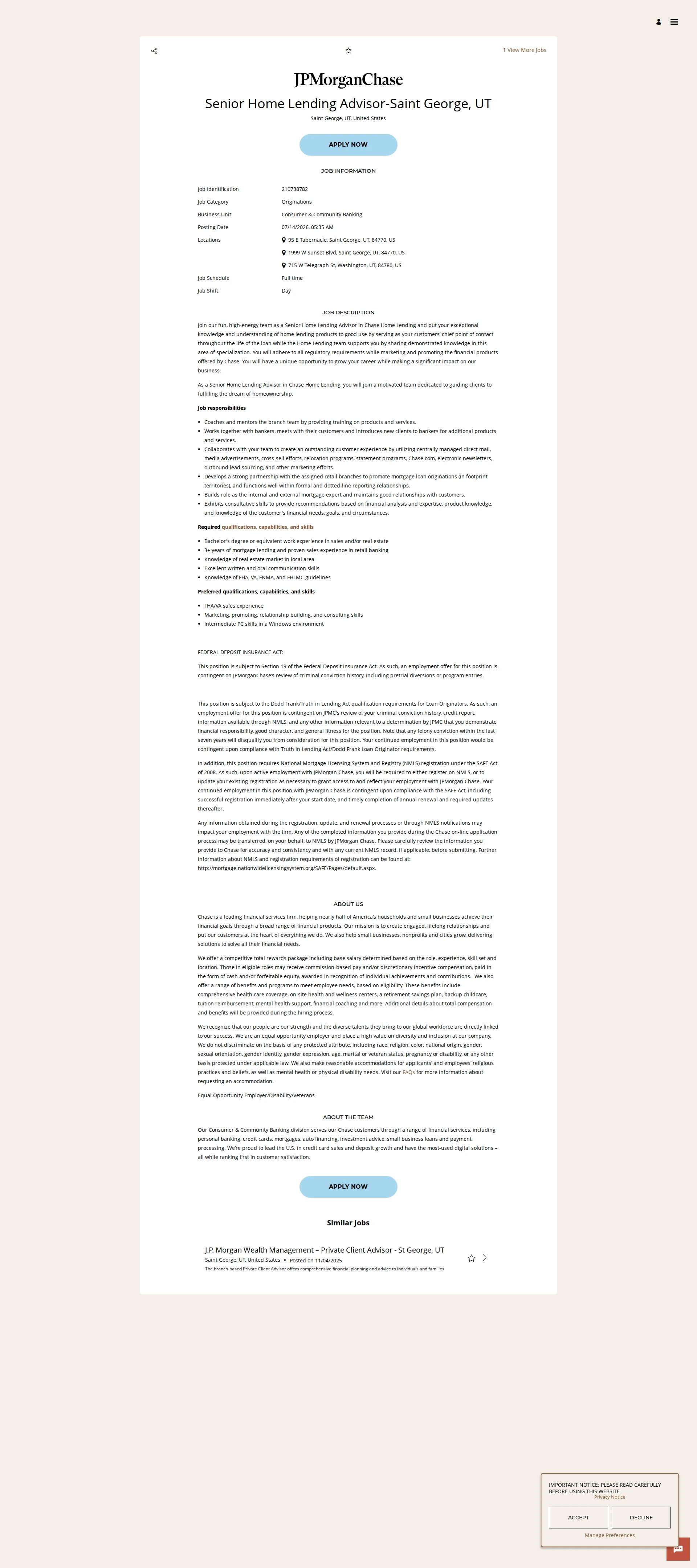 JPMorganChase Senior Home Lending Advisor-Saint George, UT 채용공고