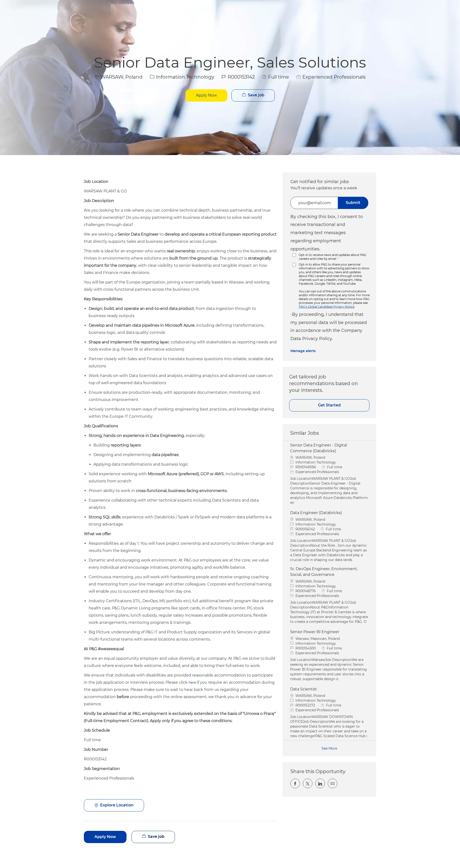 P&G Senior Data Engineer, Sales Solutions 채용공고