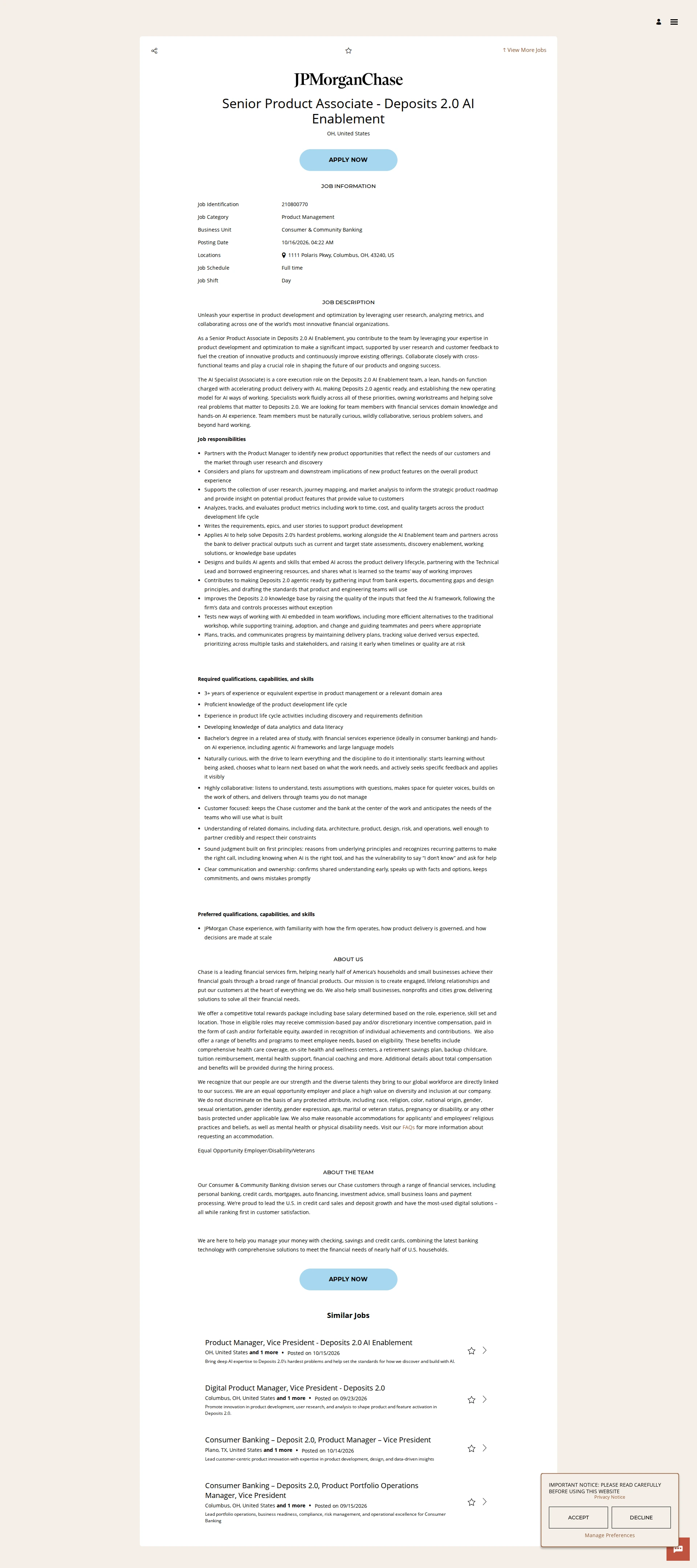JPMorganChase Senior Product Associate - Deposits 2.0 AI Enablement 채용공고