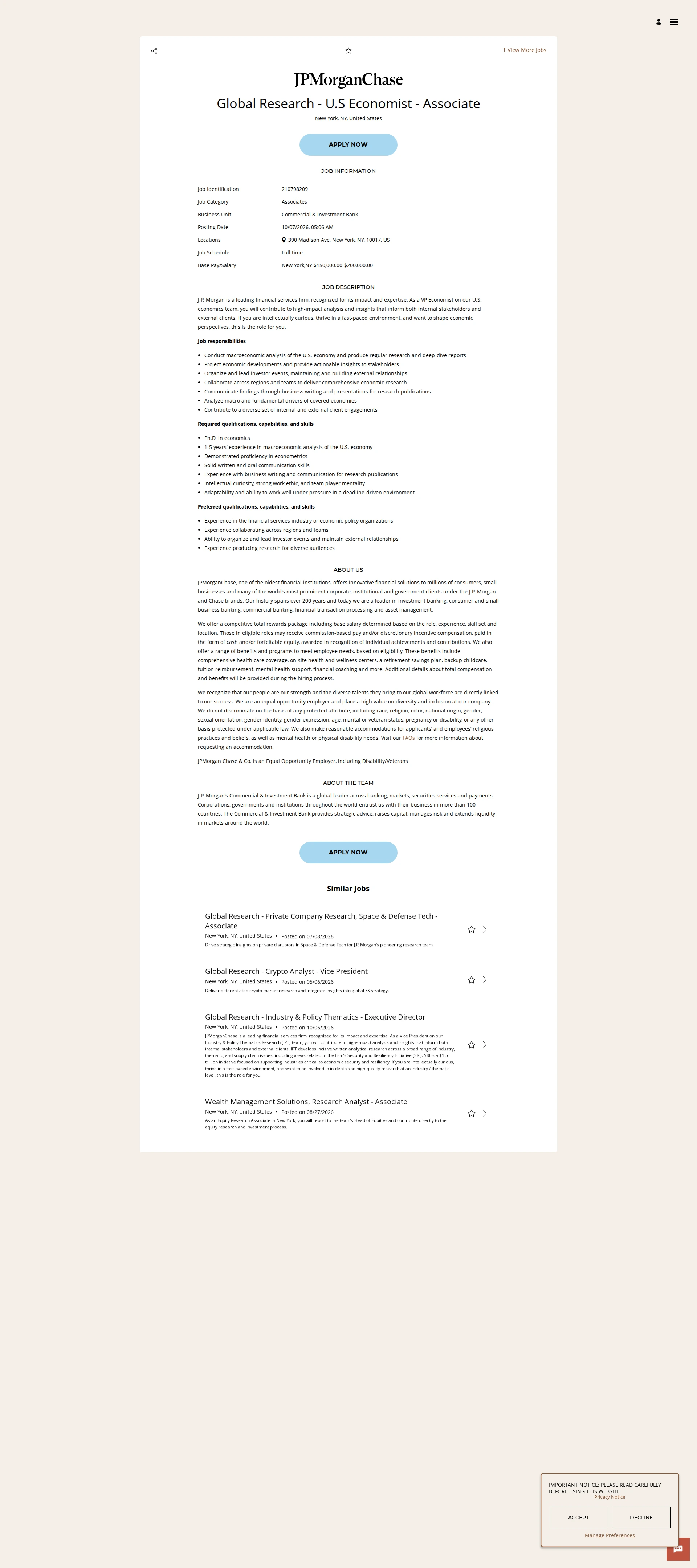 JPMorganChase Global Research - U.S Economist - Associate 채용공고
