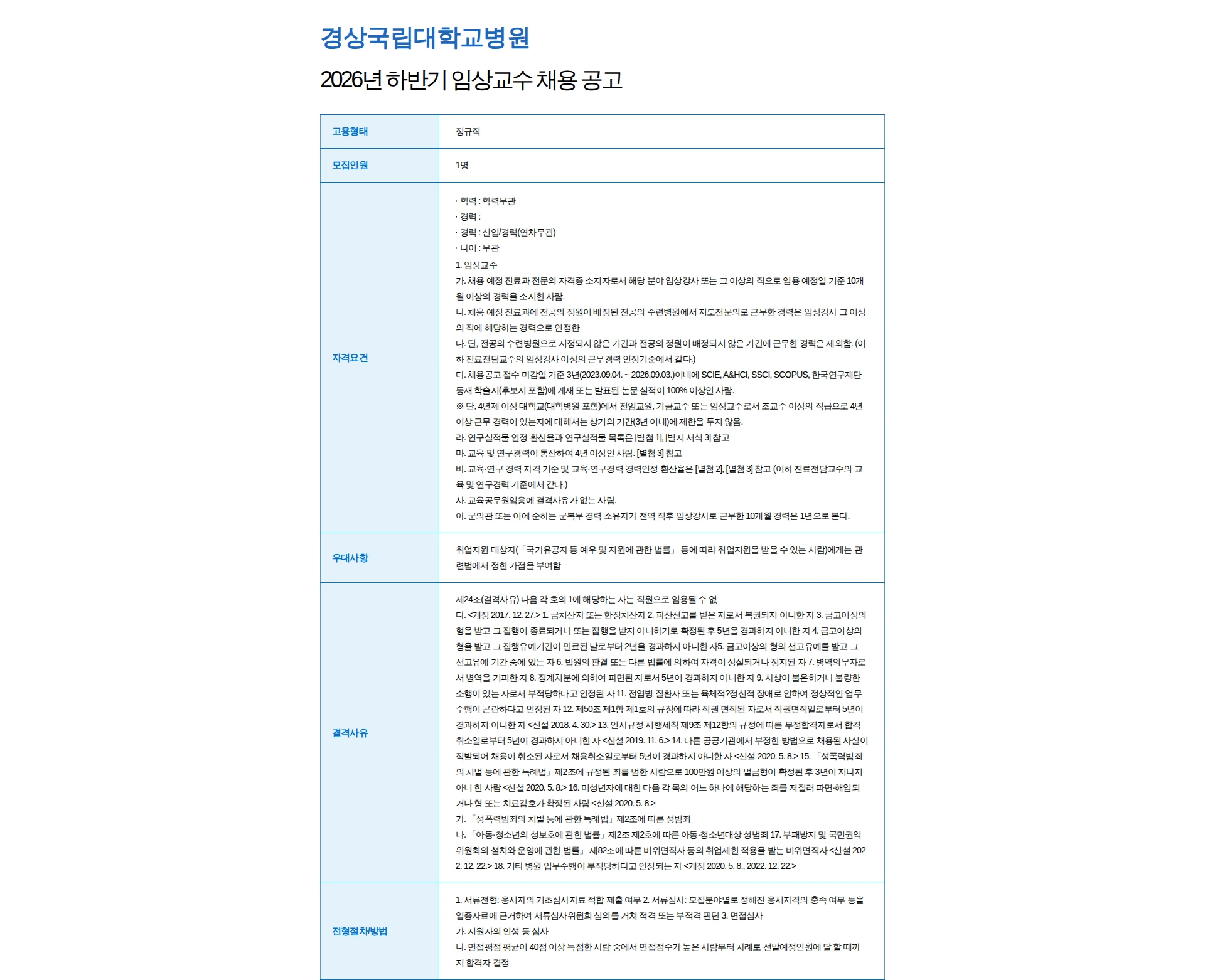 경상국립대학교병원 2026년 하반기 임상교수 채용 공고 채용공고