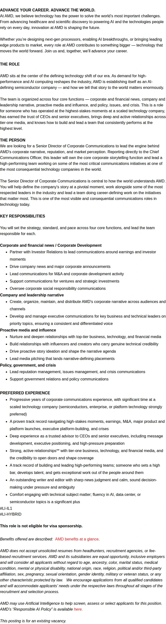 AMD Senior Director, Corporate Communications 채용공고