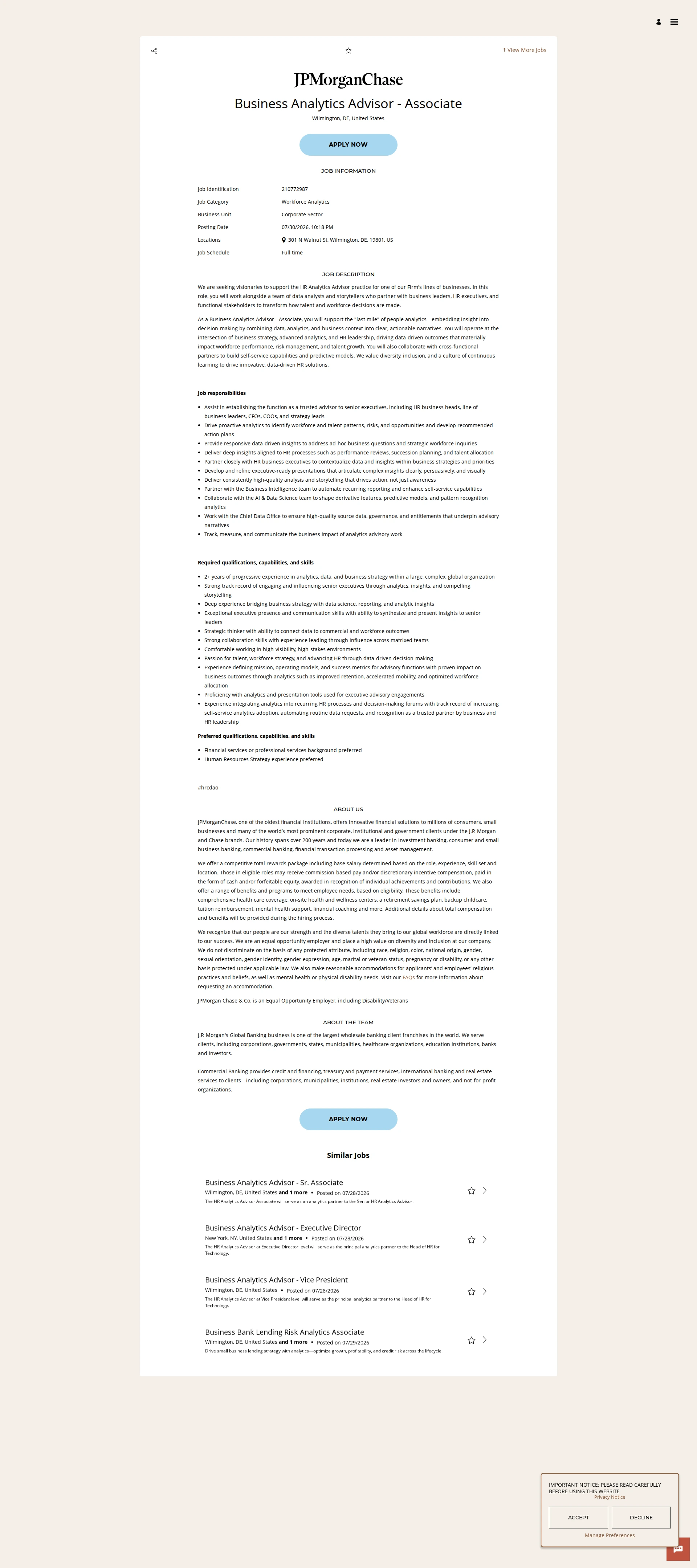 JPMorganChase Business Analytics Advisor - Associate 채용공고