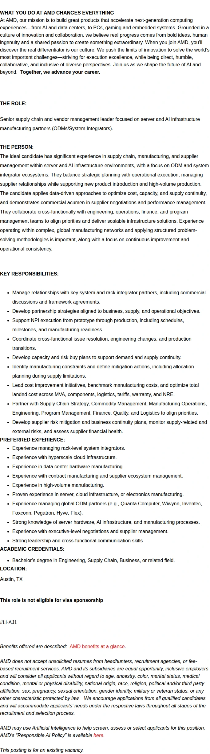 AMD Strategic Sourcing Sr. Manager, System Integrator Management 채용공고