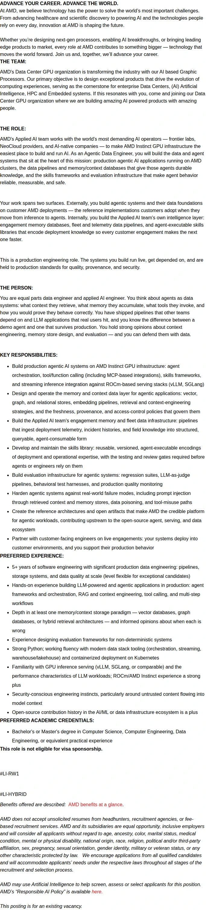 AMD Agentic AI / Data Engineer - DC GPU 채용공고