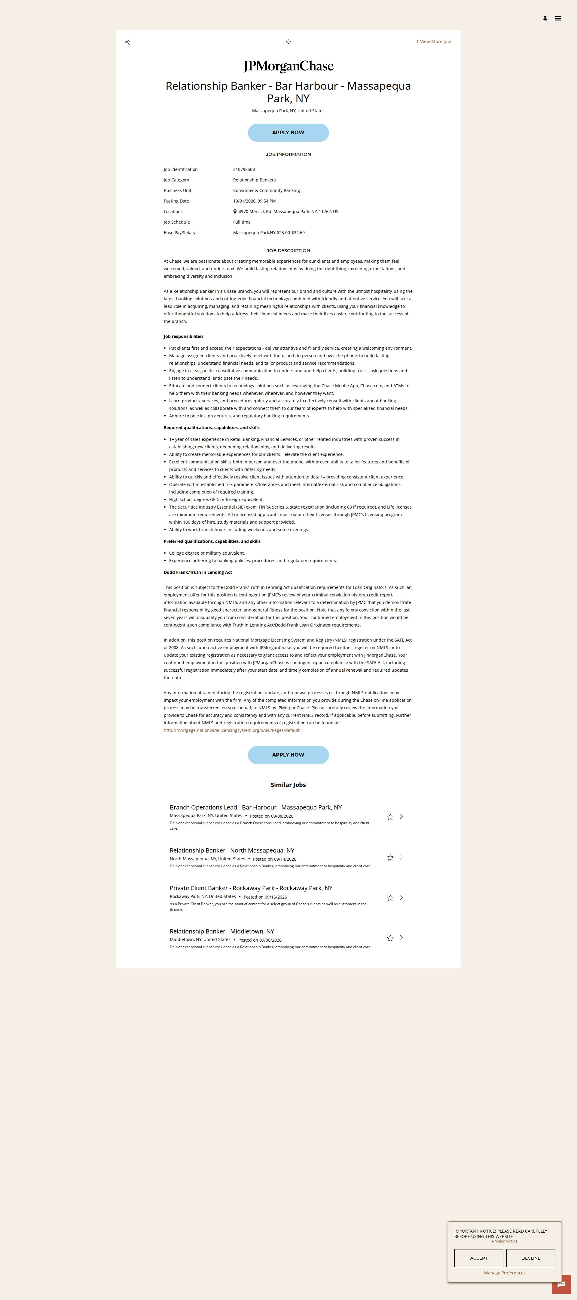 JPMorganChase Relationship Banker - Bar Harbour - Massapequa Park, NY 채용공고