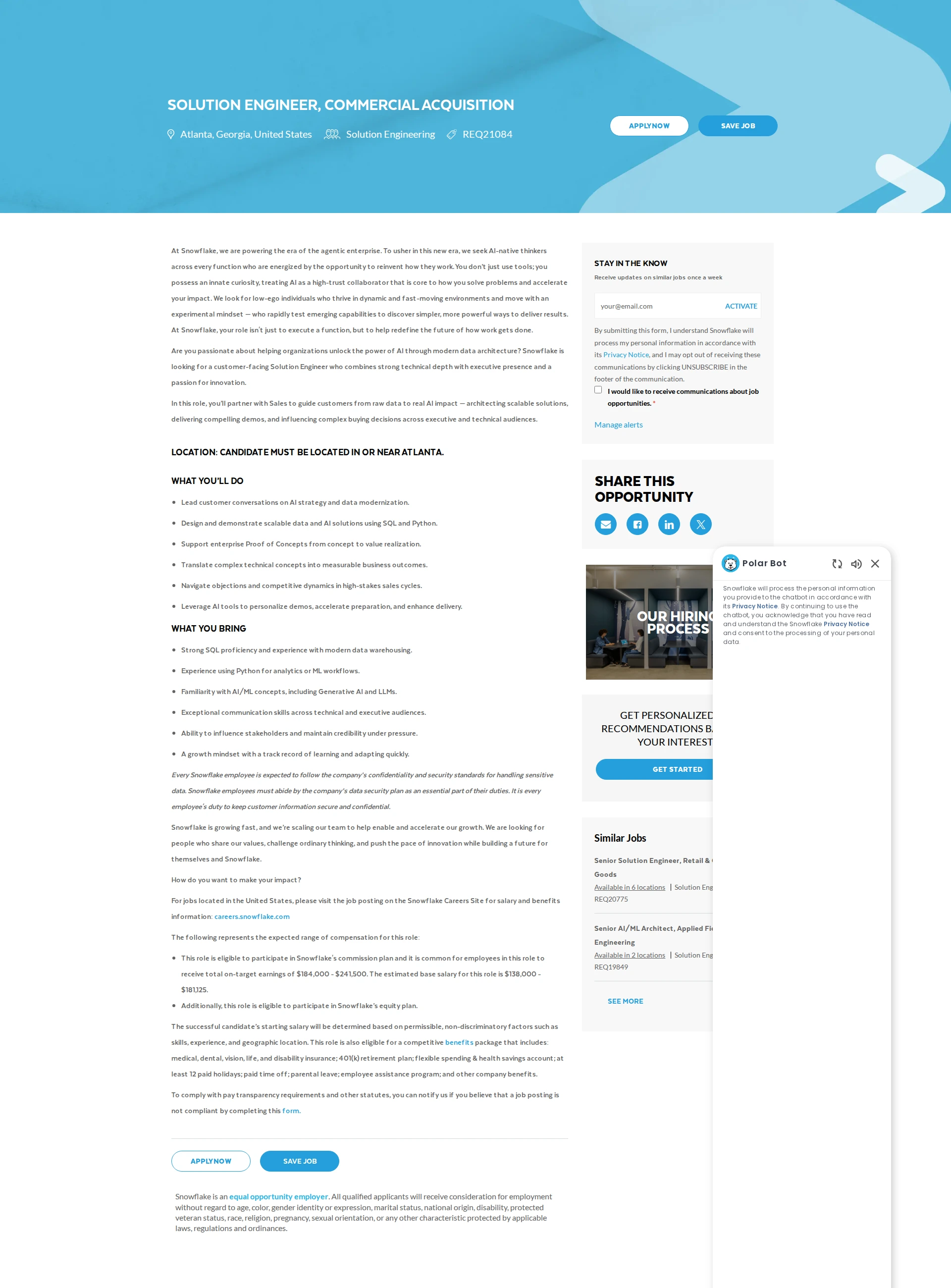 스노우플레이크 Solution Engineer, Commercial Acquisition 채용공고