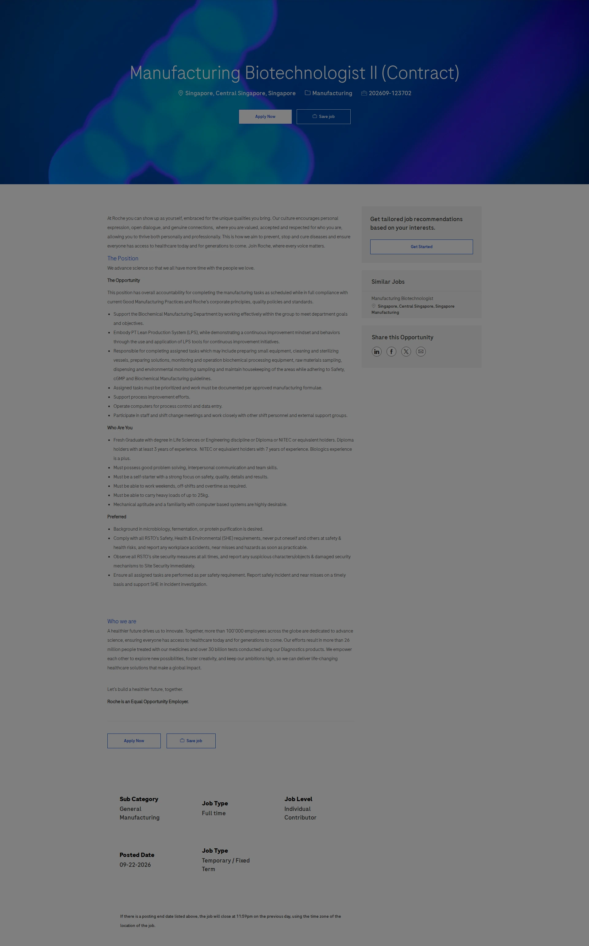 로슈 Manufacturing Biotechnologist II (Contract) 채용공고