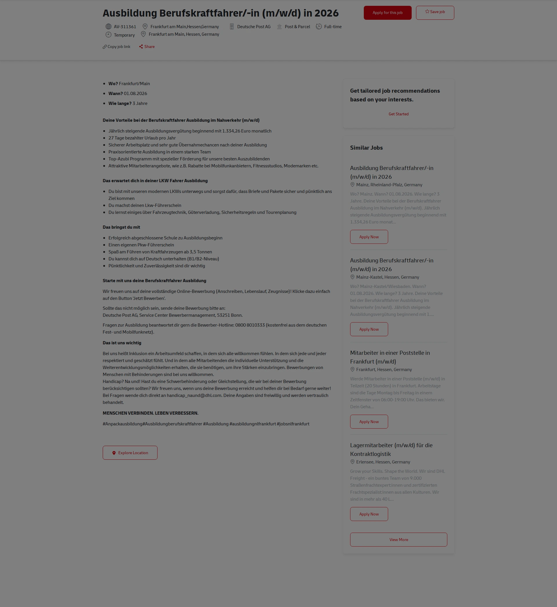 DHL Ausbildung Berufskraftfahrer/-in (m/w/d) in 2026 채용공고