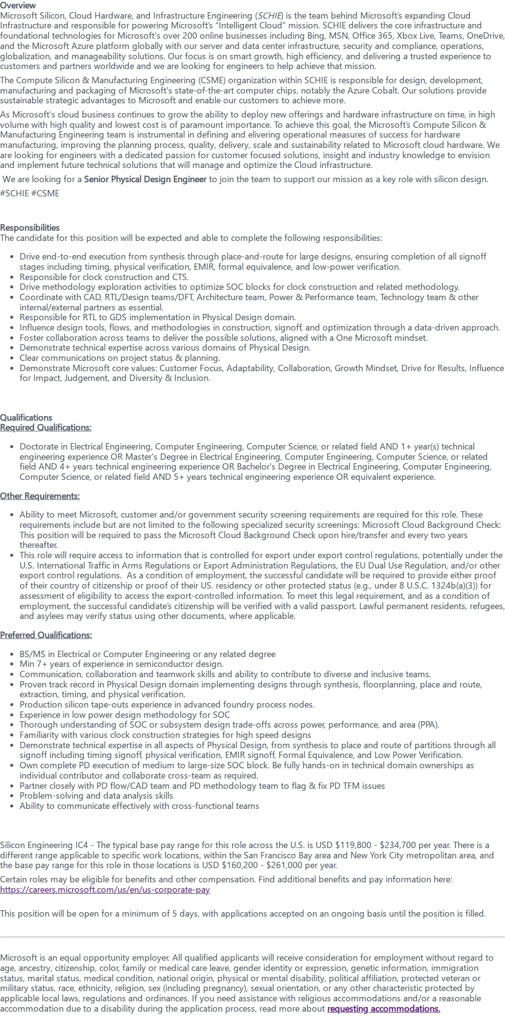 마이크로소프트(Microsoft) Senior Physical Design Engineer 채용공고