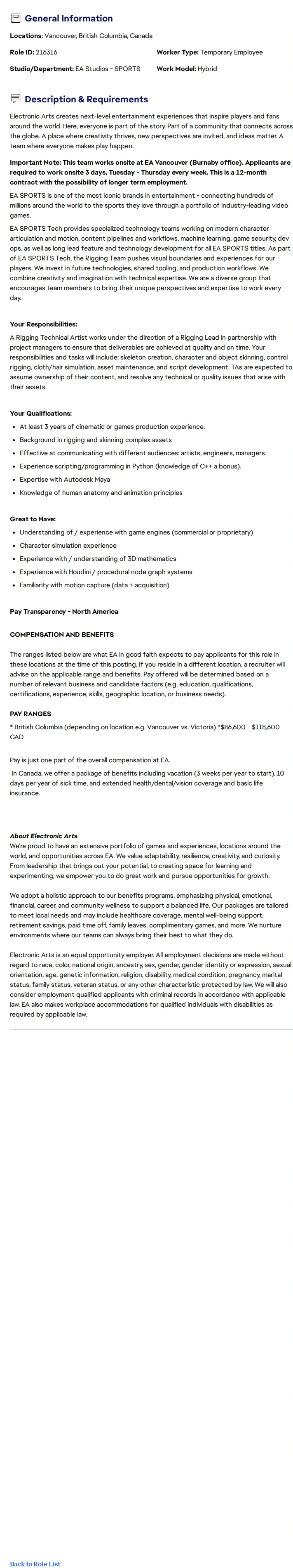 ElectronicArts Technical Artist (Rigging) - EA SPORTS Technology 채용공고