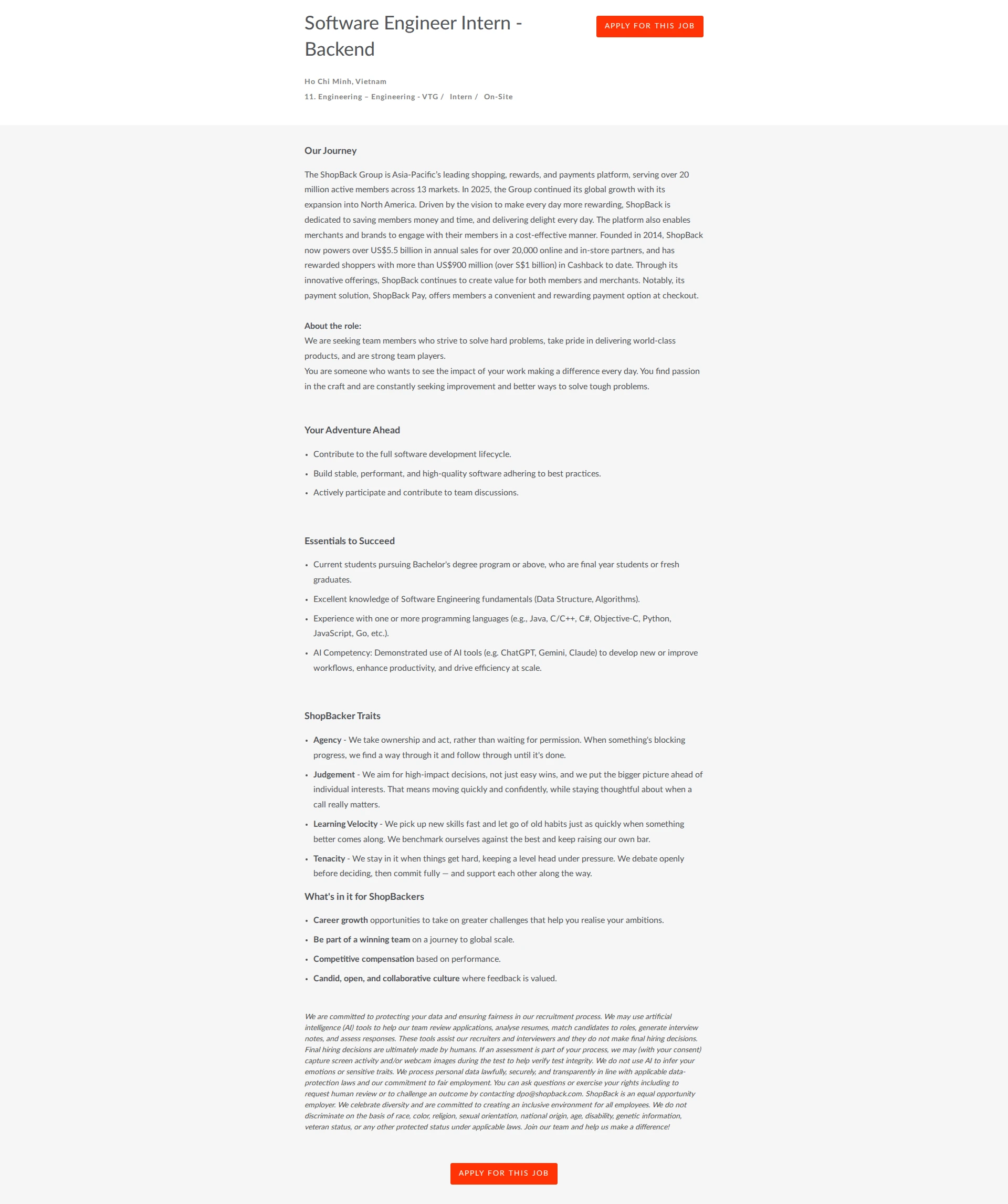 샵백 Software Engineer Intern - Backend 채용공고