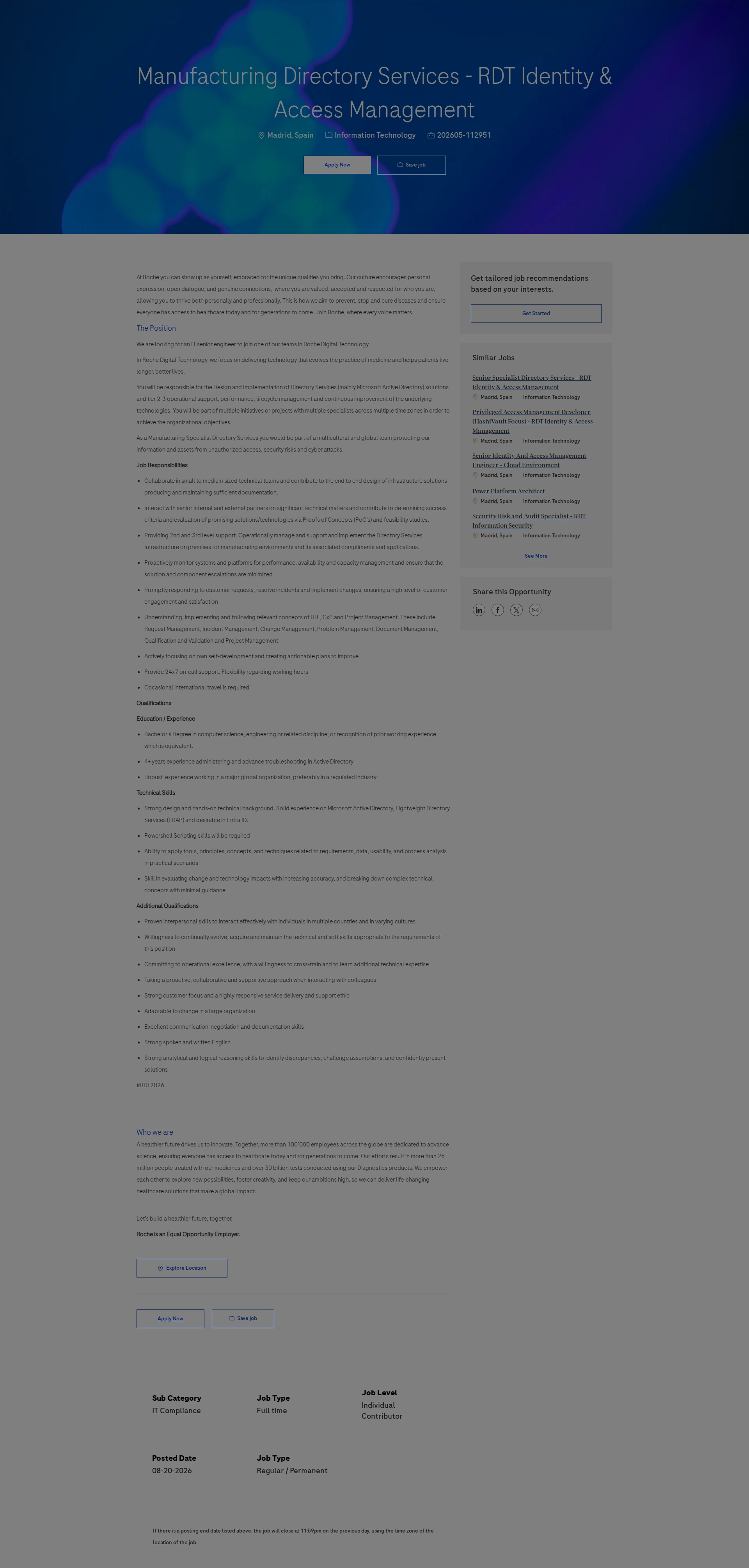 로슈 Manufacturing Directory Services - RDT Identity & Access Management 채용공고
